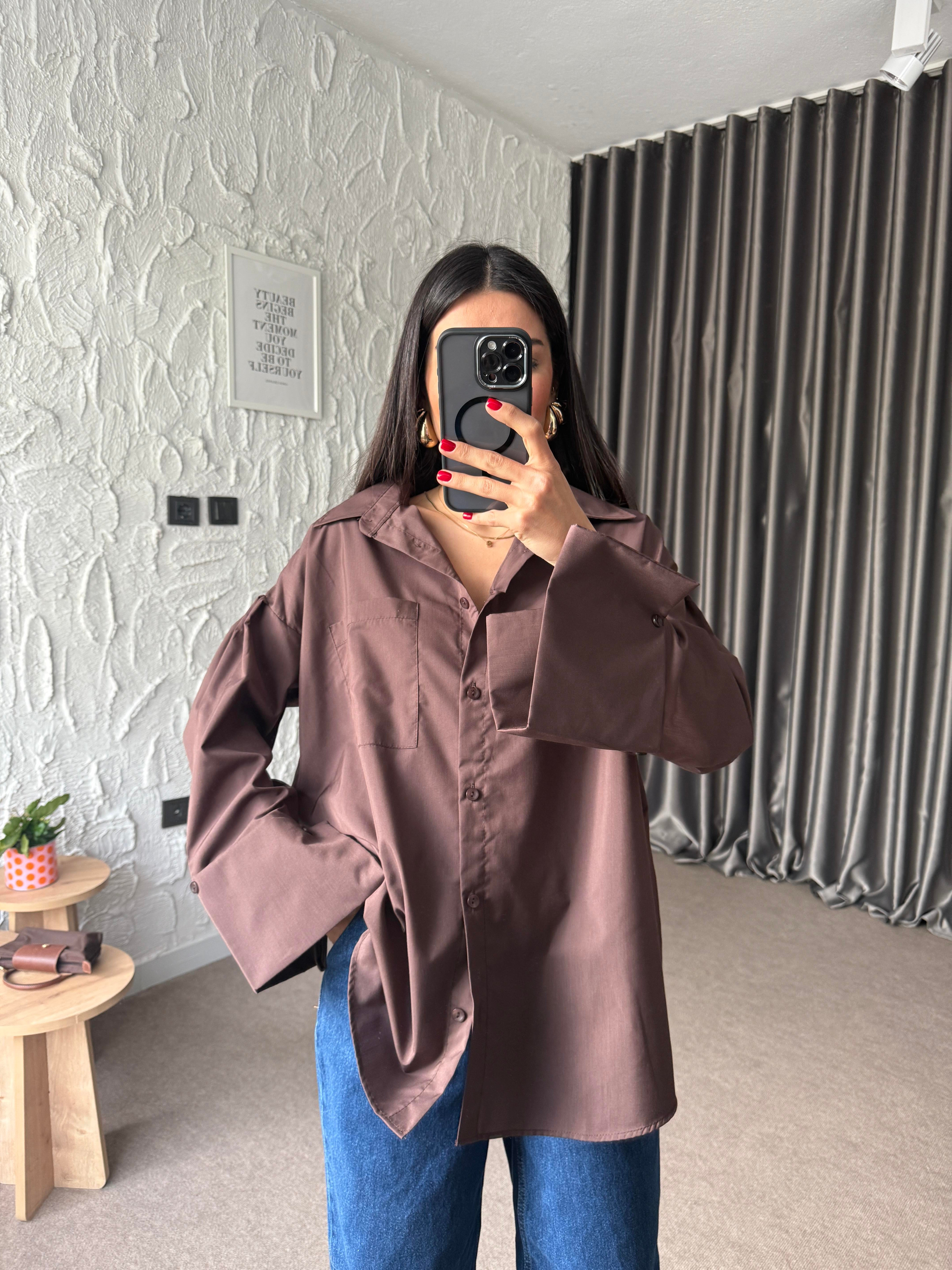Acı Kahverengi Kalın Kol Manşetli Oversize Poplin Gömlek