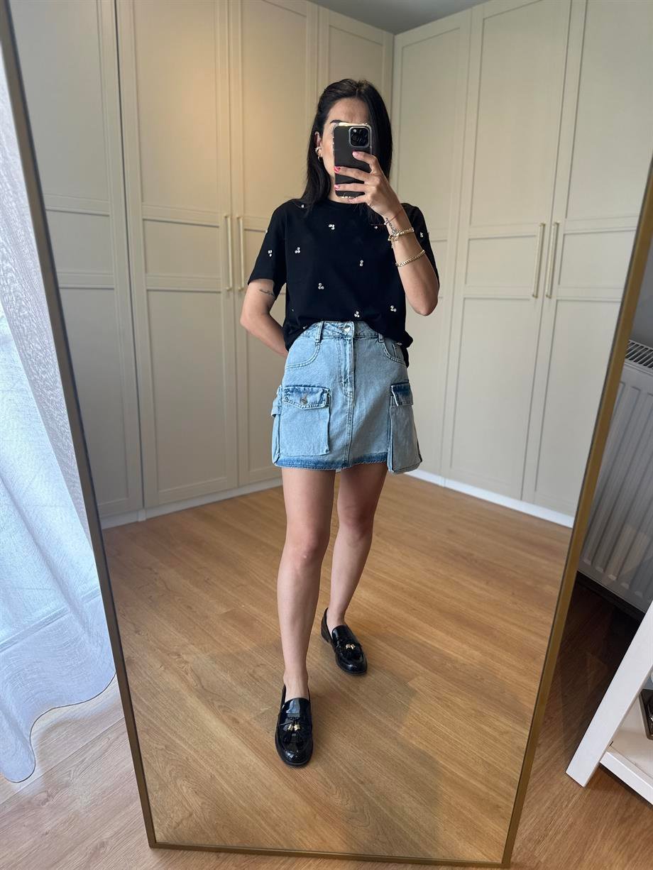 Açık Mavi Mini Kargo Etek 