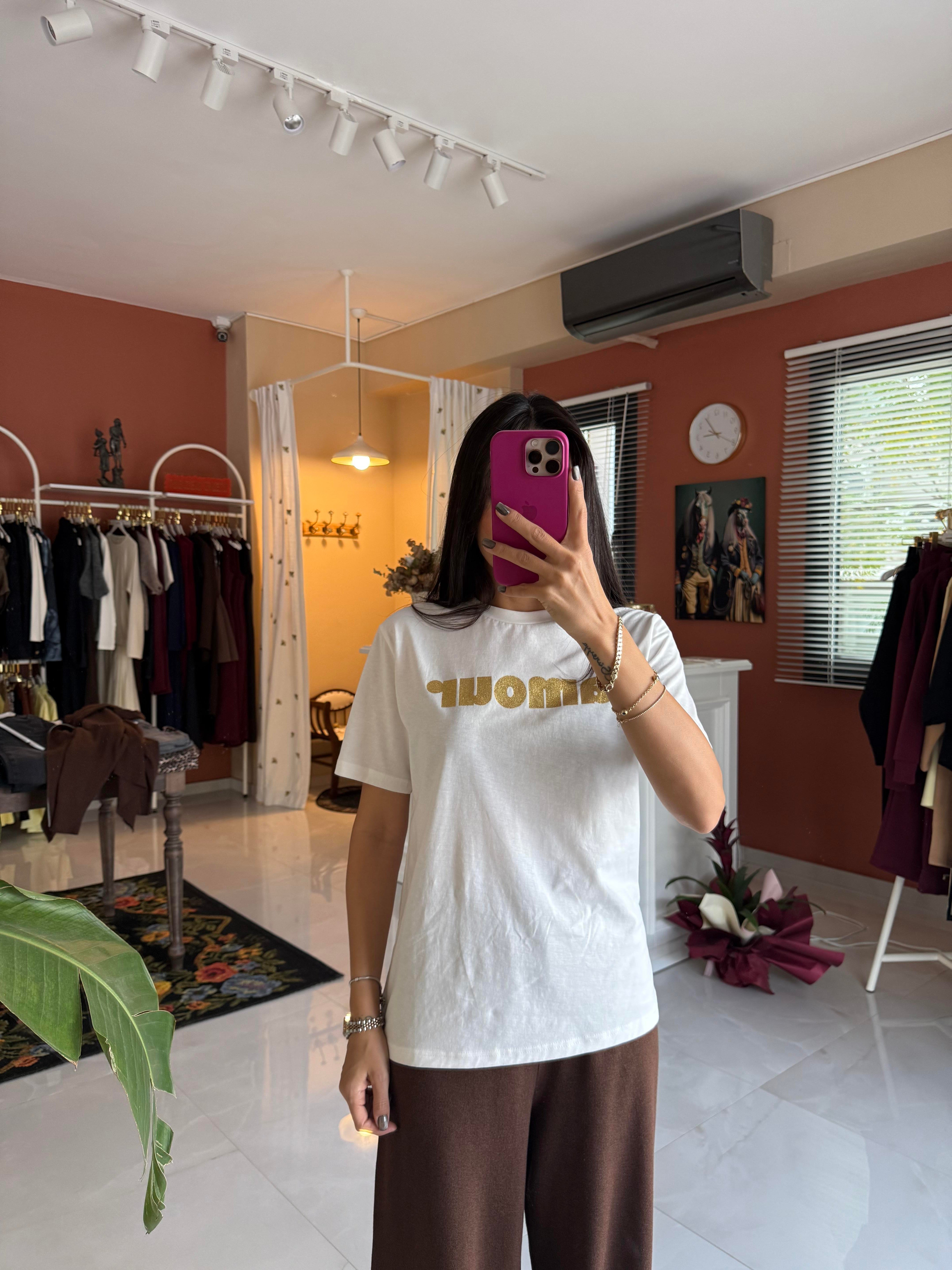 Amour Baskılı Ekru Tshirt