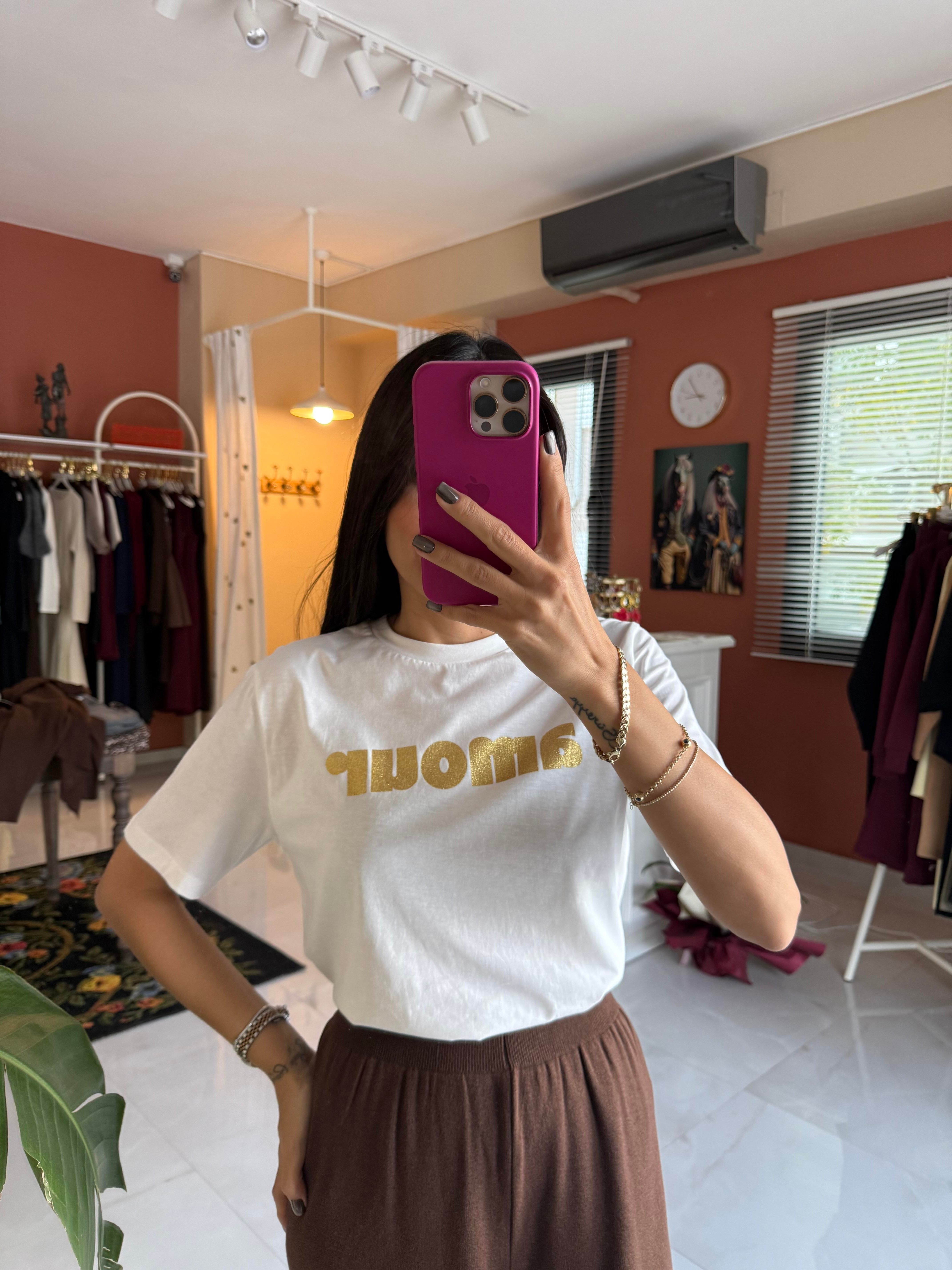 Amour Baskılı Ekru Tshirt