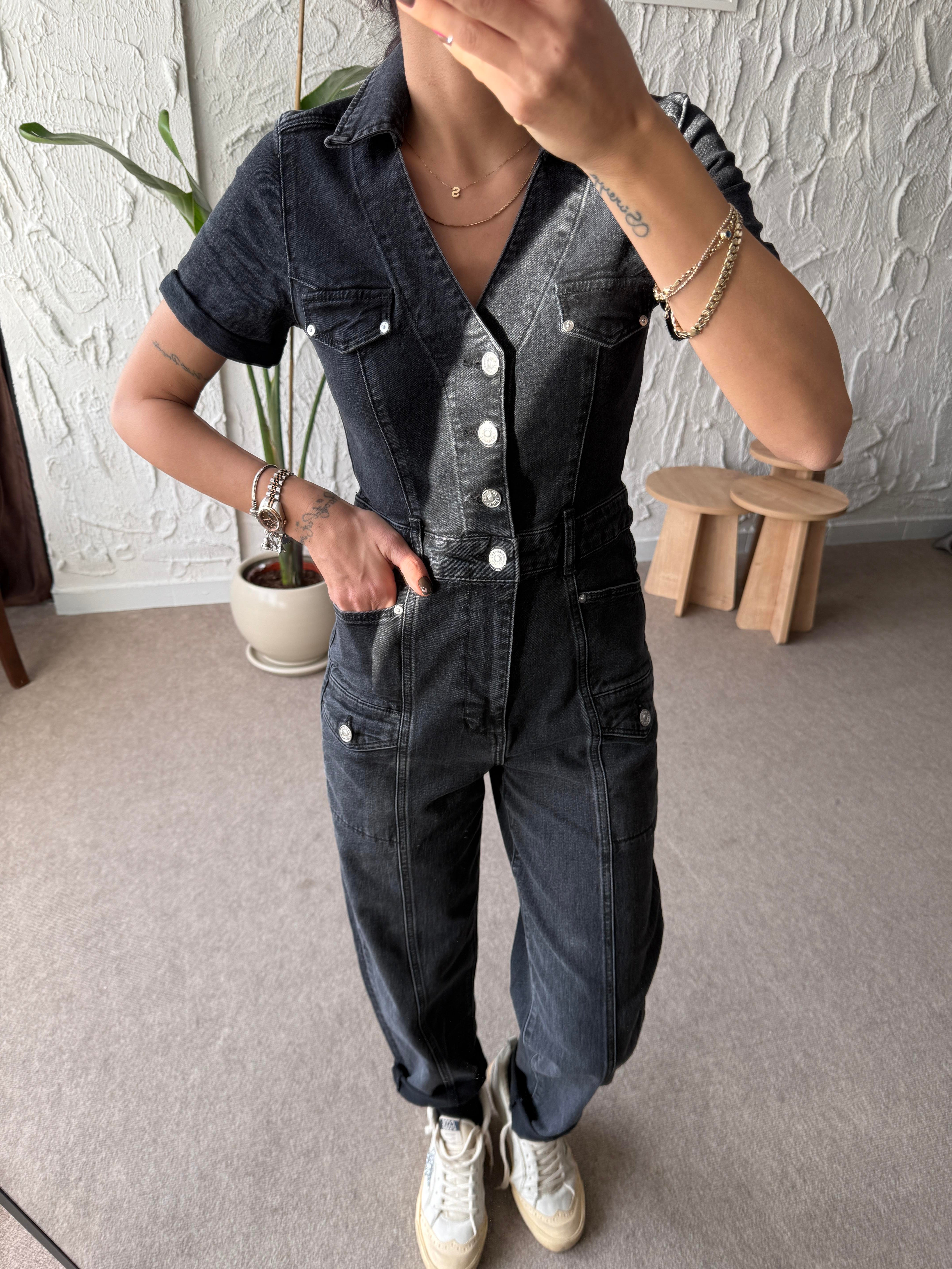 Antrasit Slim Fit Denim Tulum 