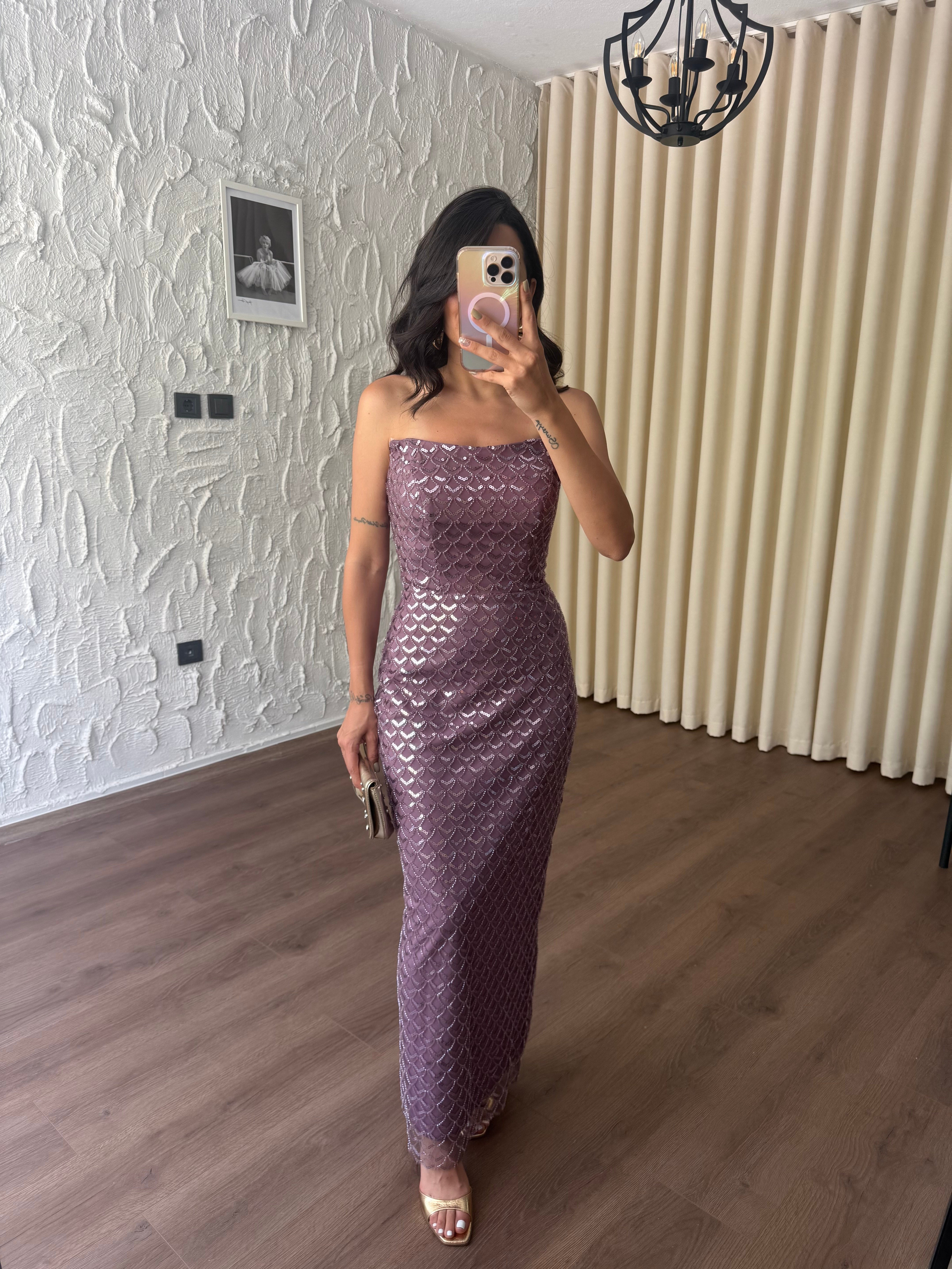 Artemis Straplez Payet ve Boncuklu Geometrik Abiye - Lila