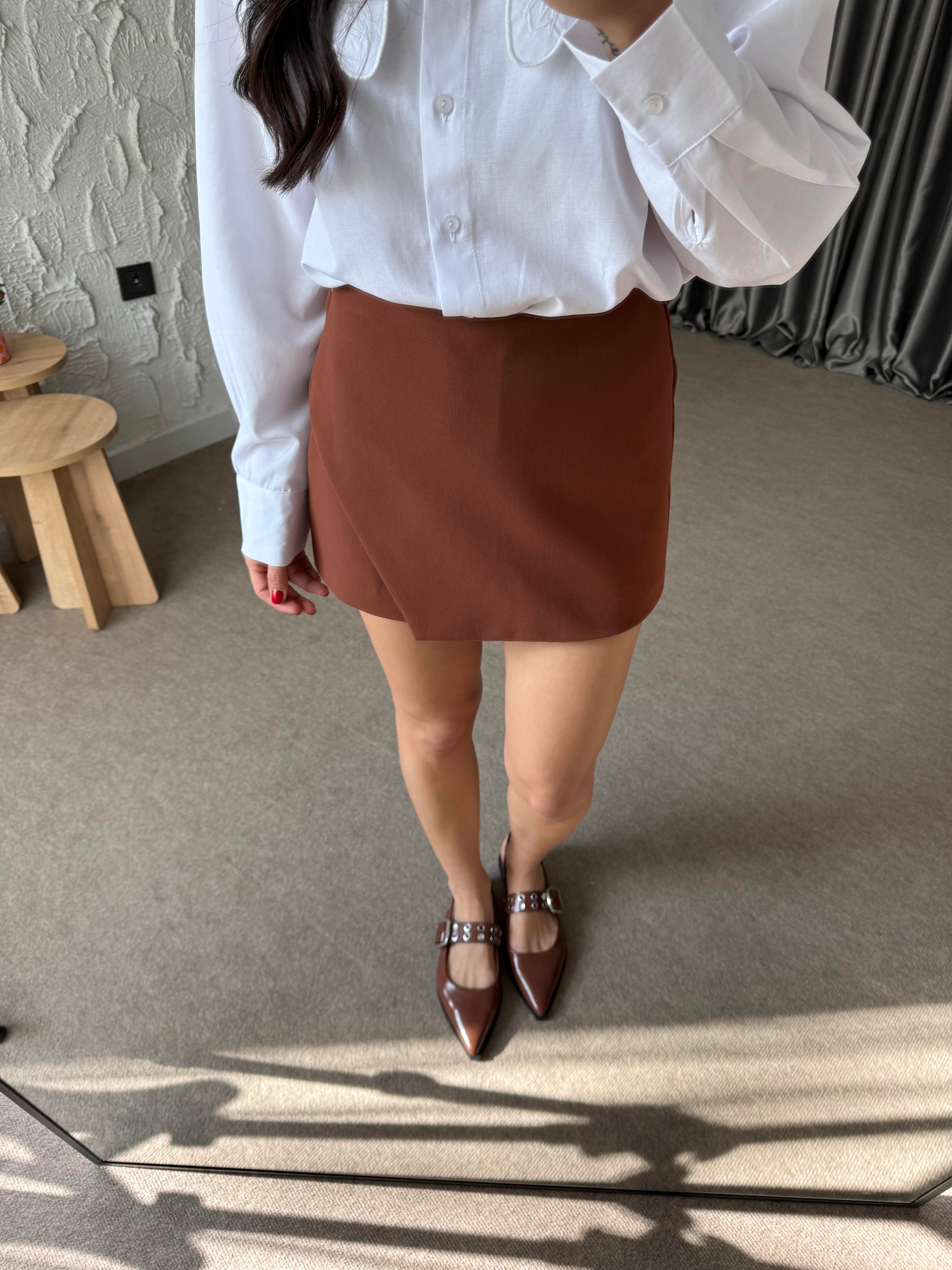 Asimetrik Şort Etek - Tarçın