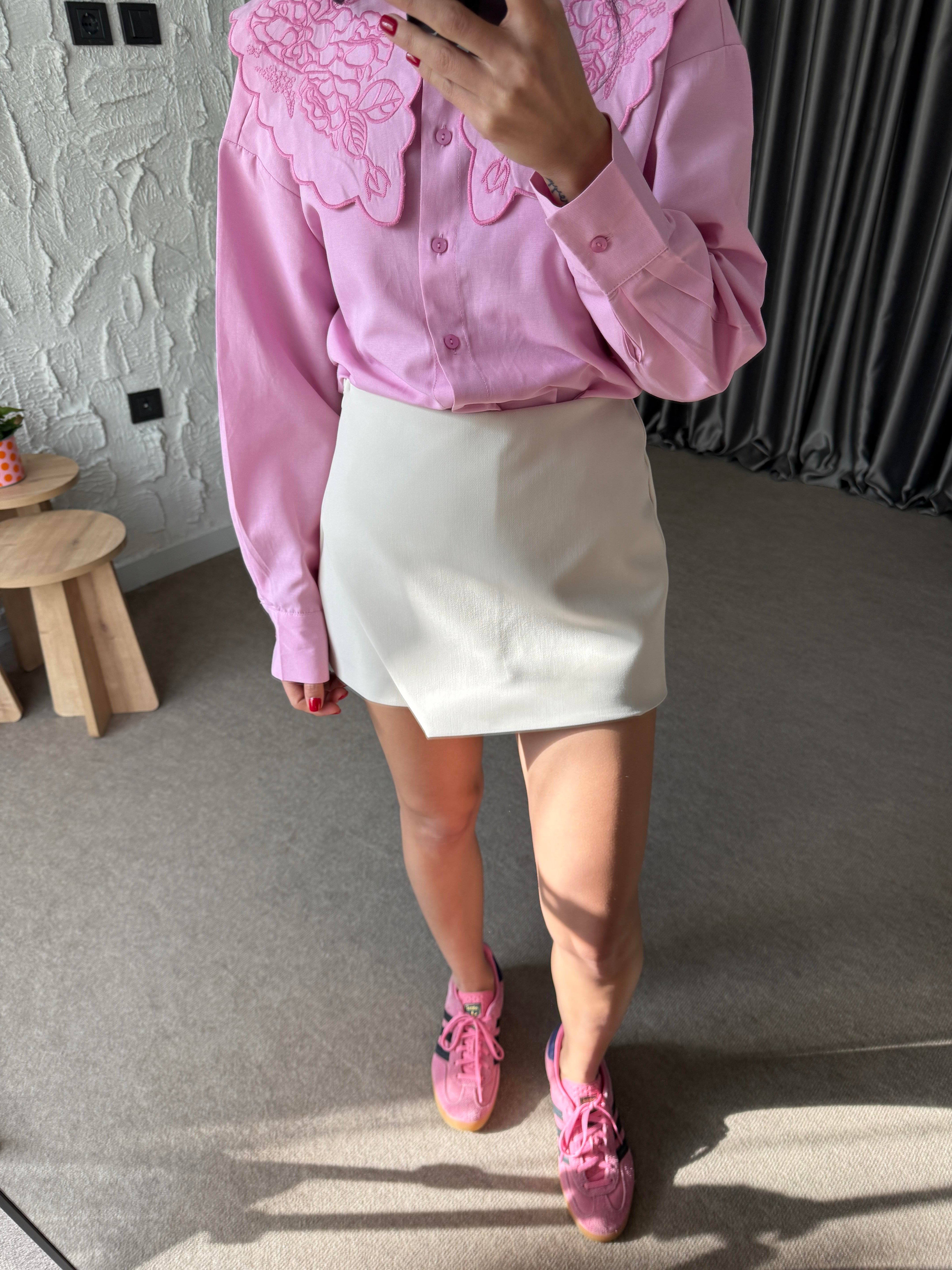 Asitmetrik Şort Etek - Krem