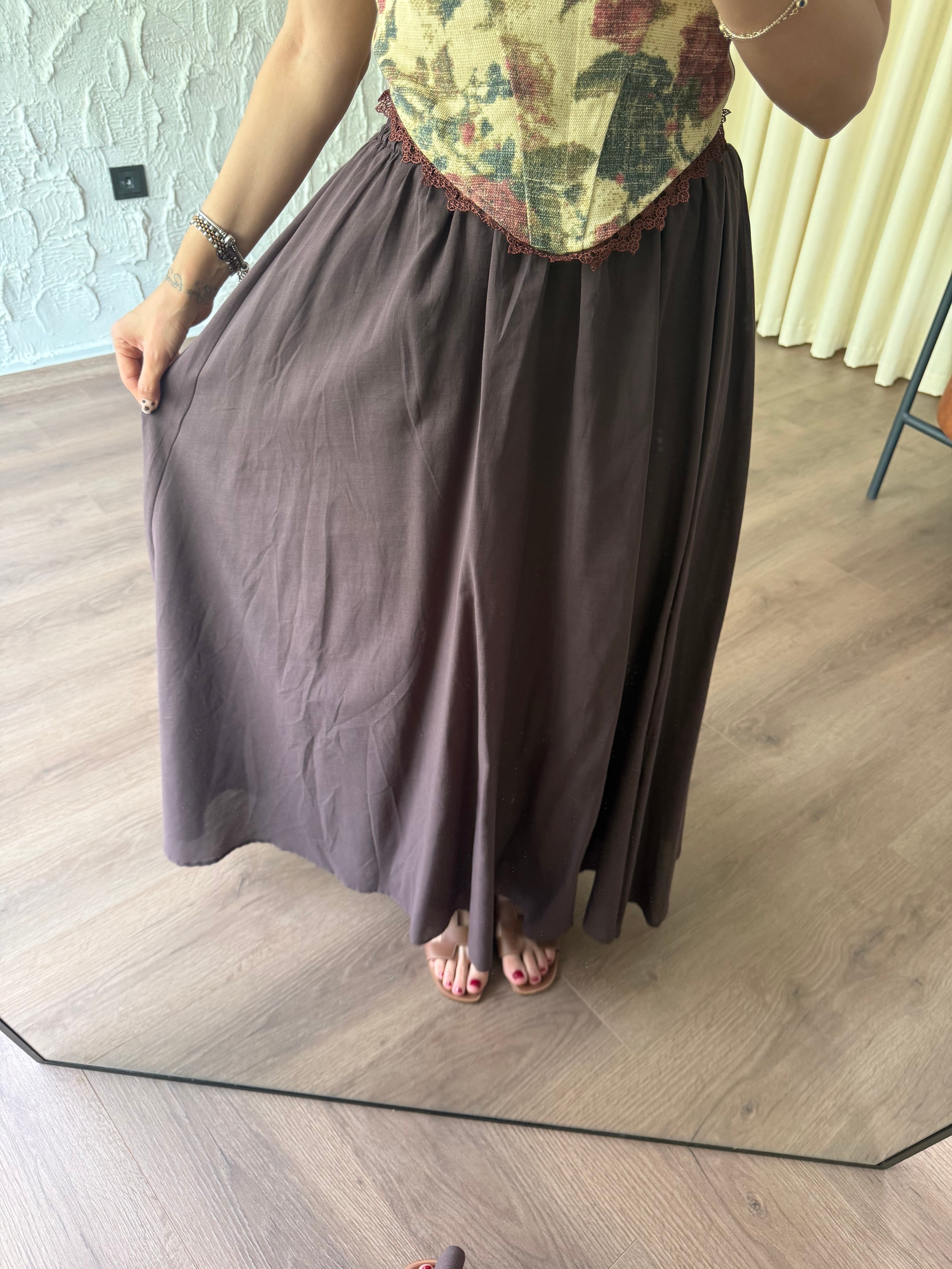 Astarlı Kahverengi Vual Etek 