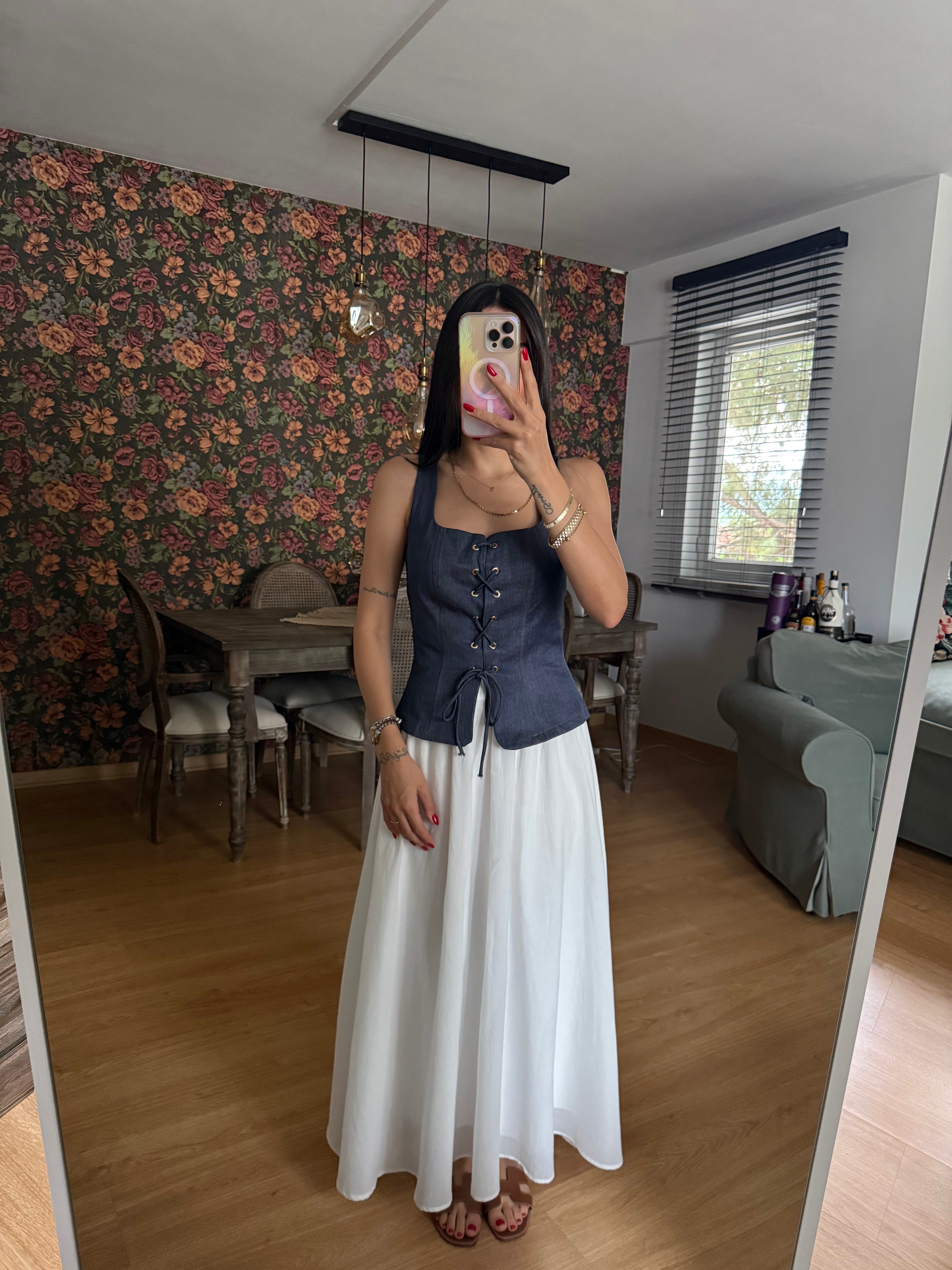 Bağcıklı Tensel Kot Lacivert Büstiyer Bluz