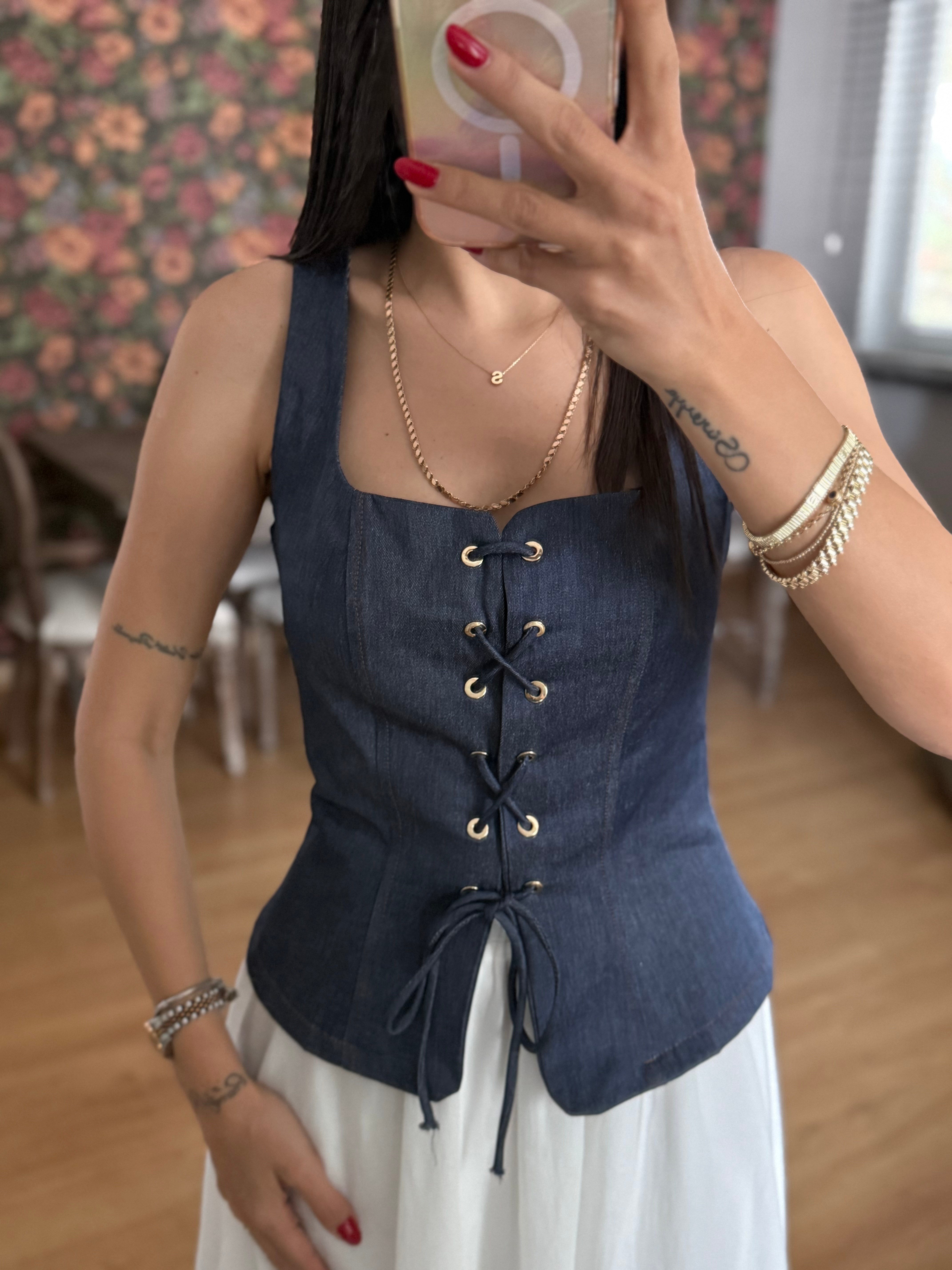 Bağcıklı Tensel Kot Lacivert Büstiyer Bluz