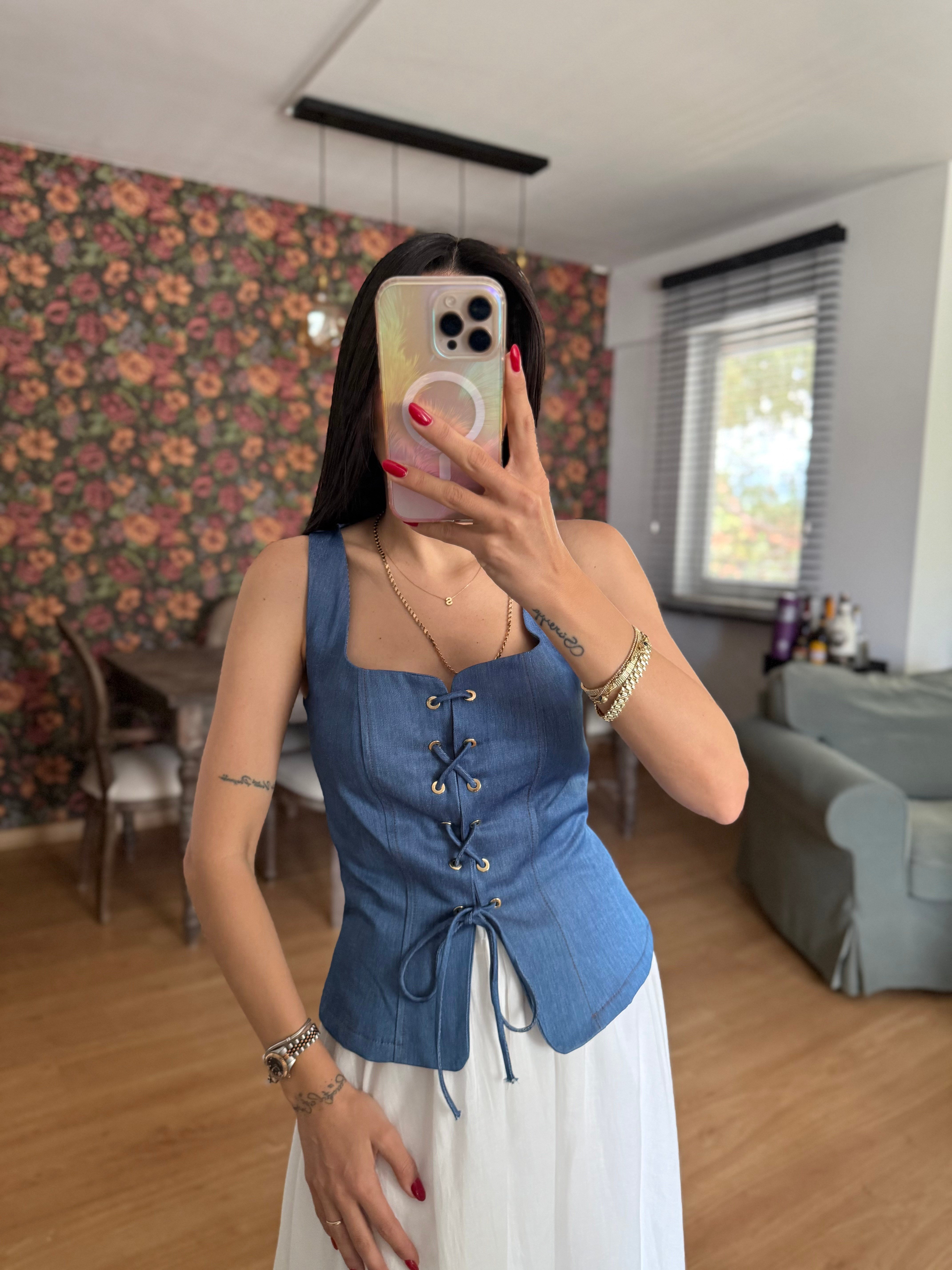 Bağcıklı Tensel Kot Mavi Büstiyer Bluz