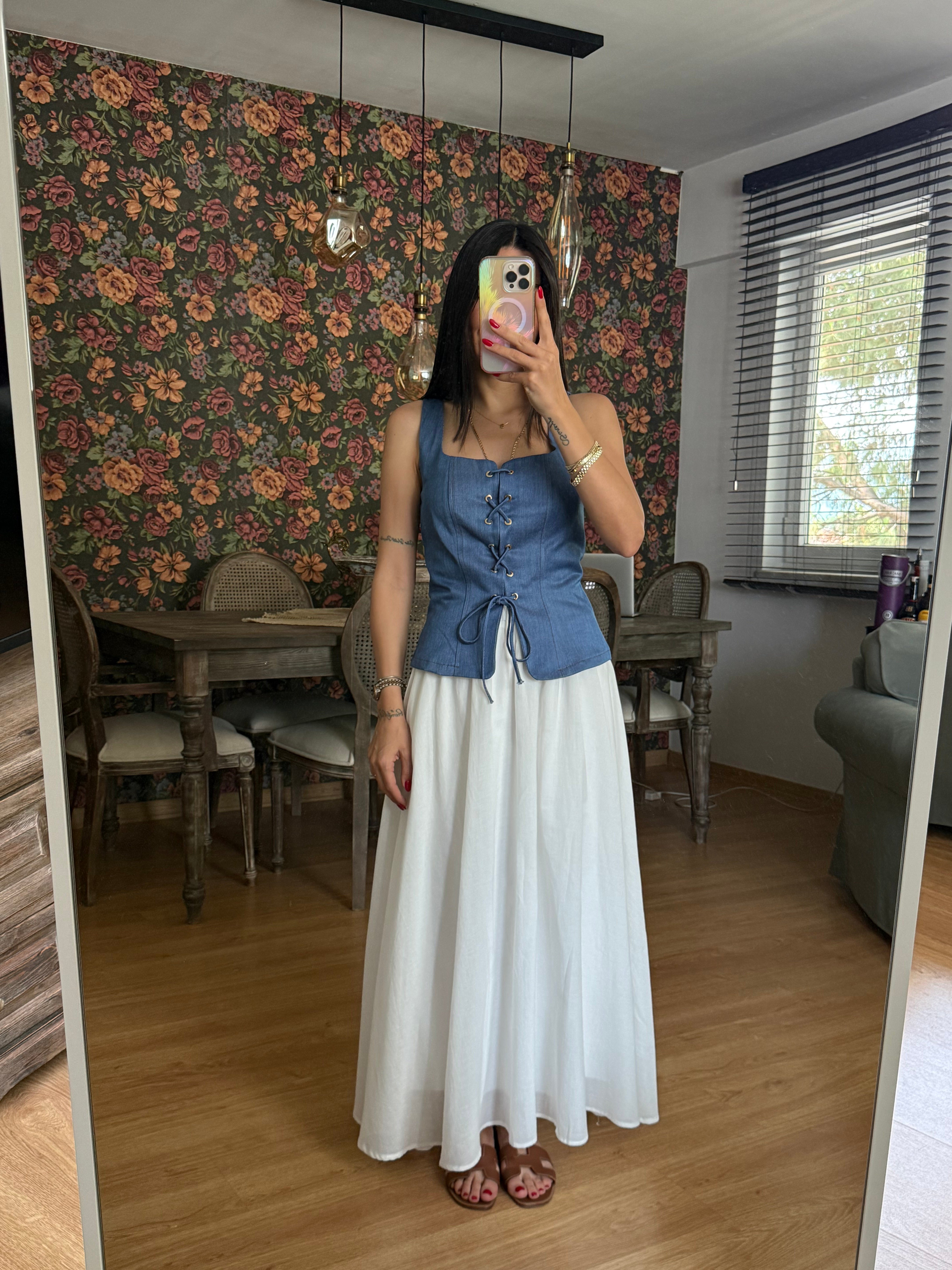 Bağcıklı Tensel Kot Mavi Büstiyer Bluz