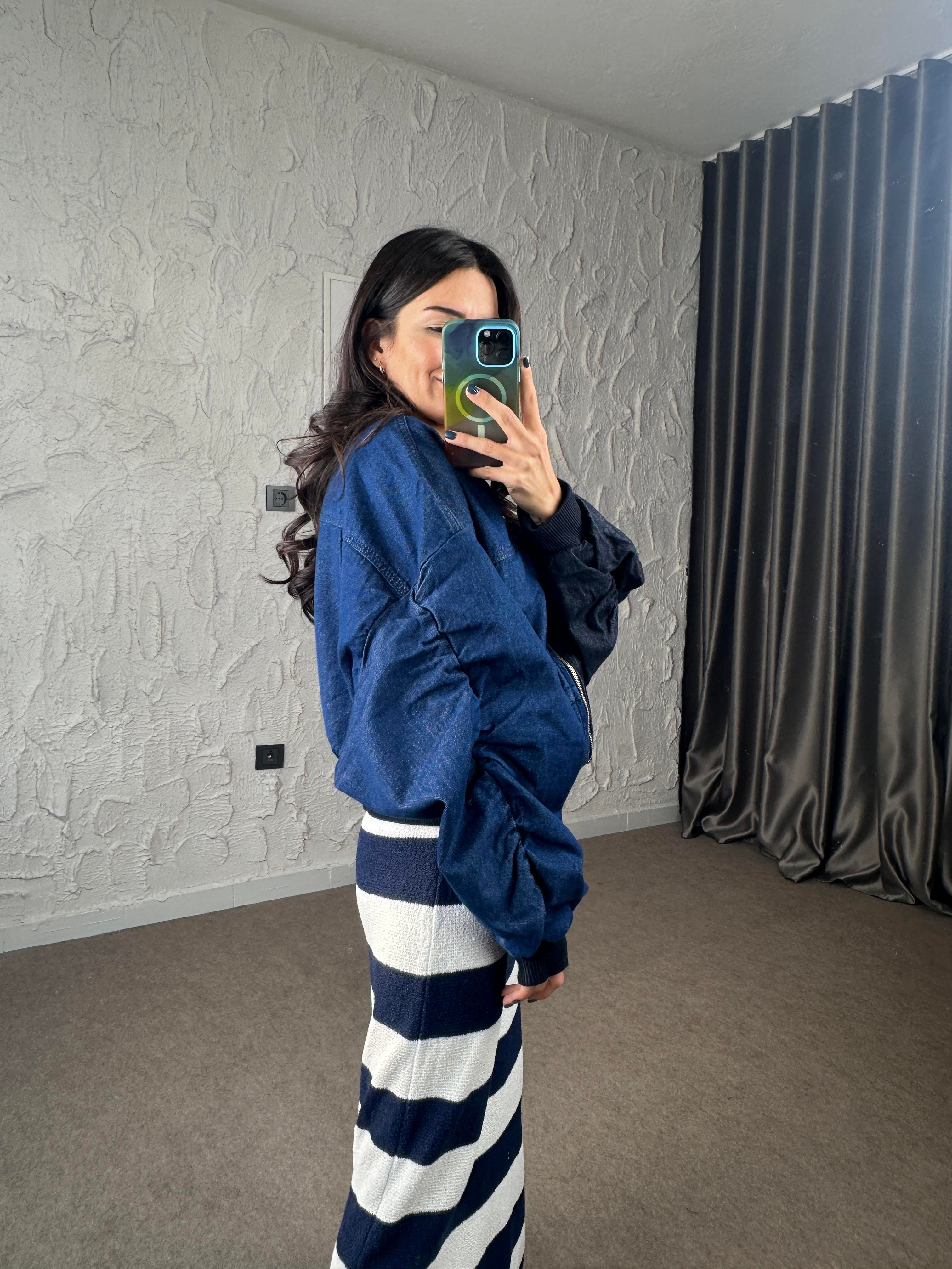 Balon Kol Çift Renk Denim Bomber Ceket 