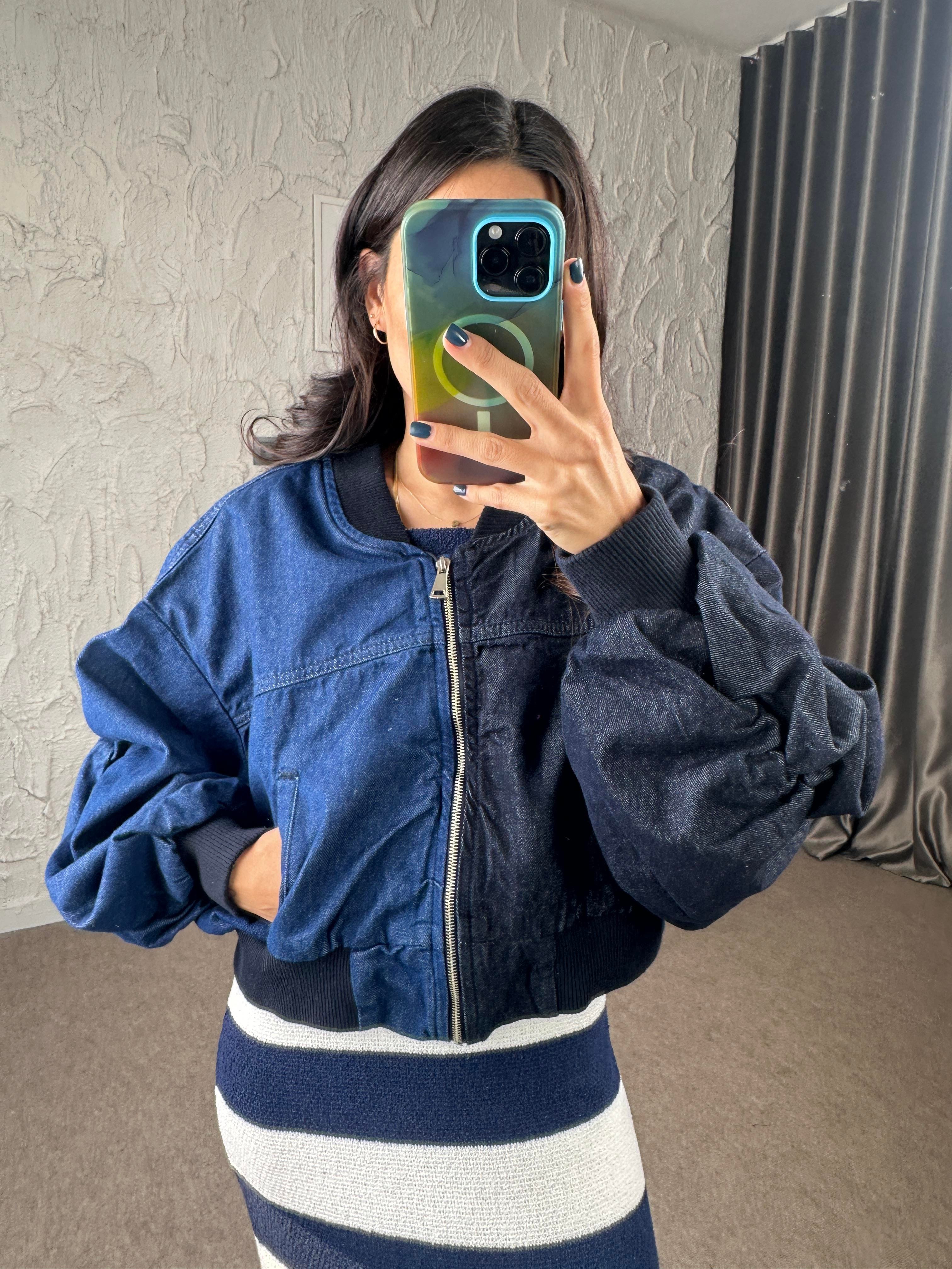 Balon Kol Çift Renk Denim Bomber Ceket 