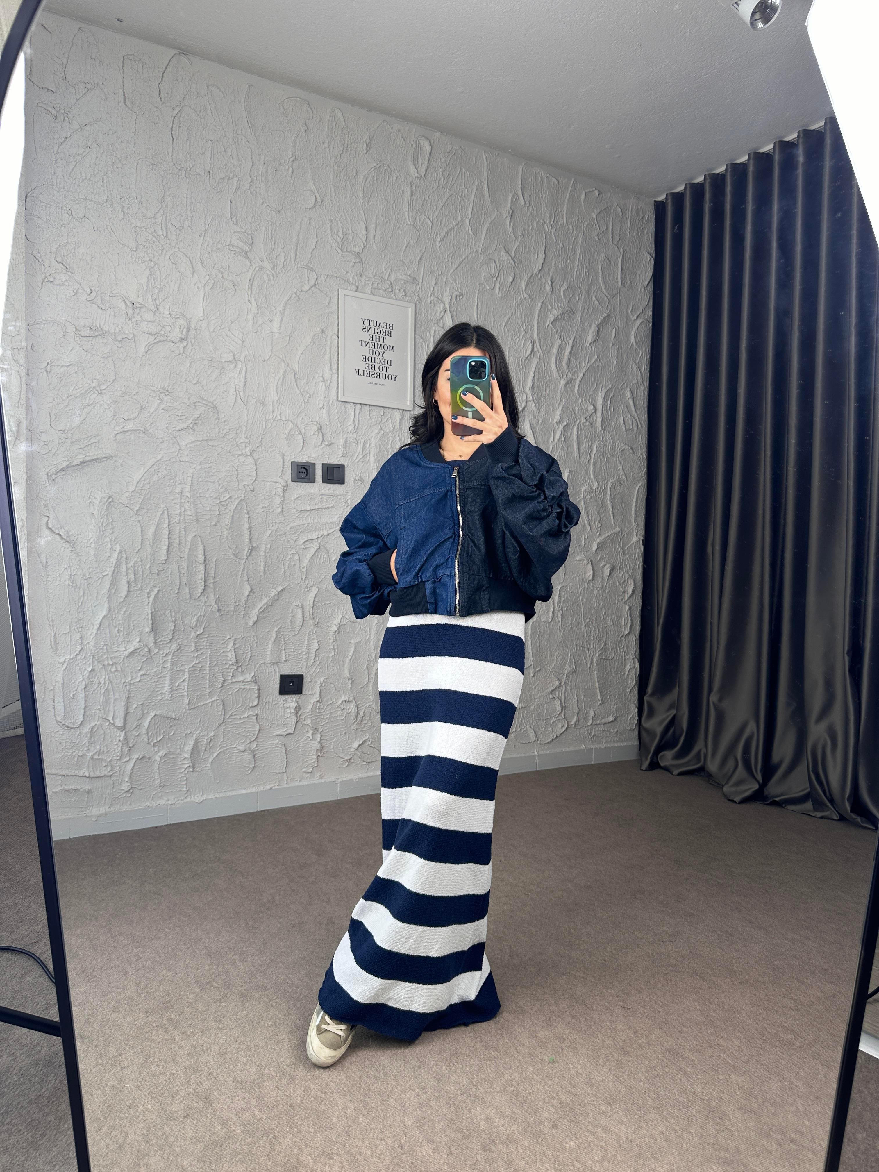 Balon Kol Çift Renk Denim Bomber Ceket 