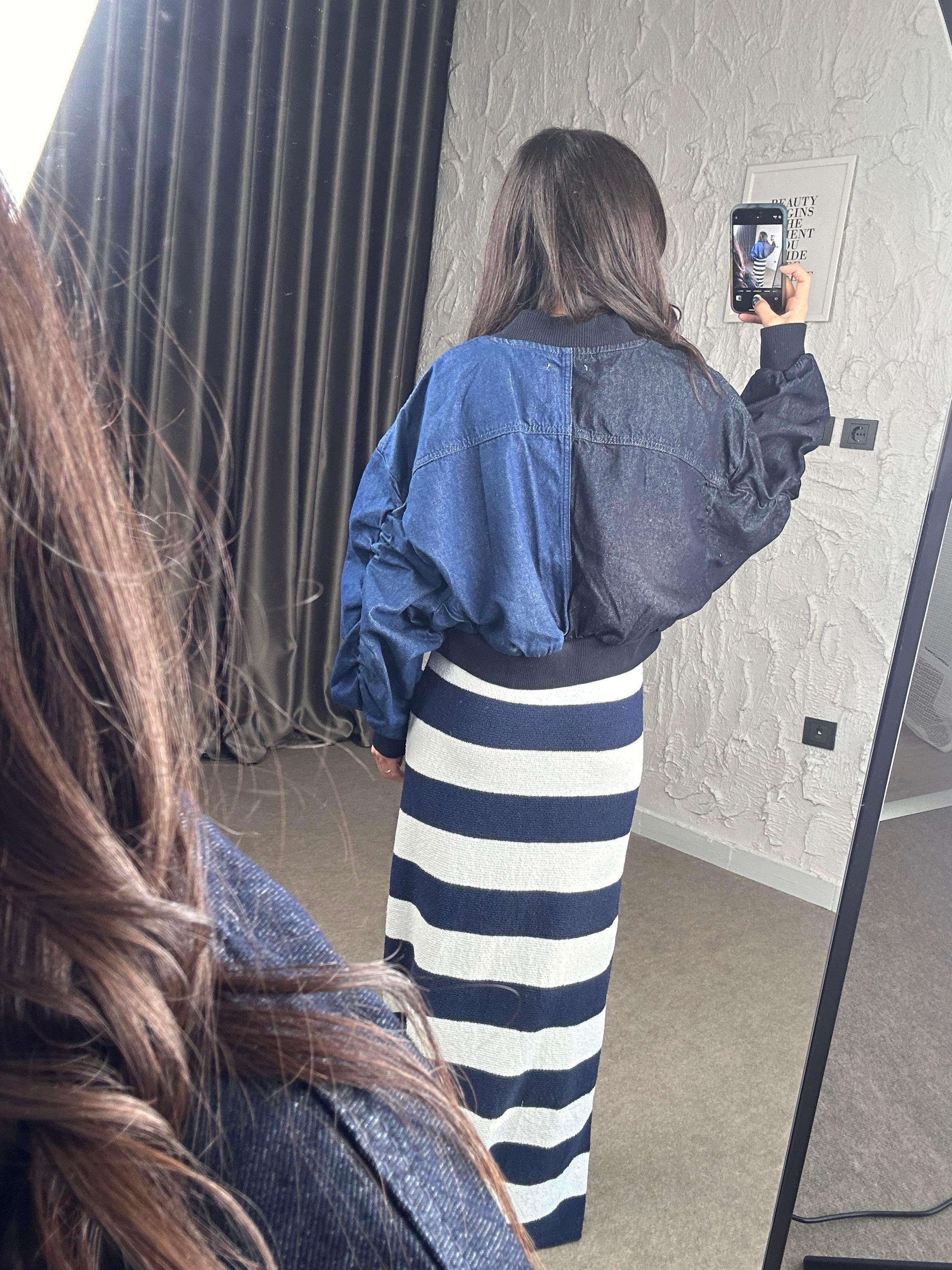 Balon Kol Çift Renk Denim Bomber Ceket 