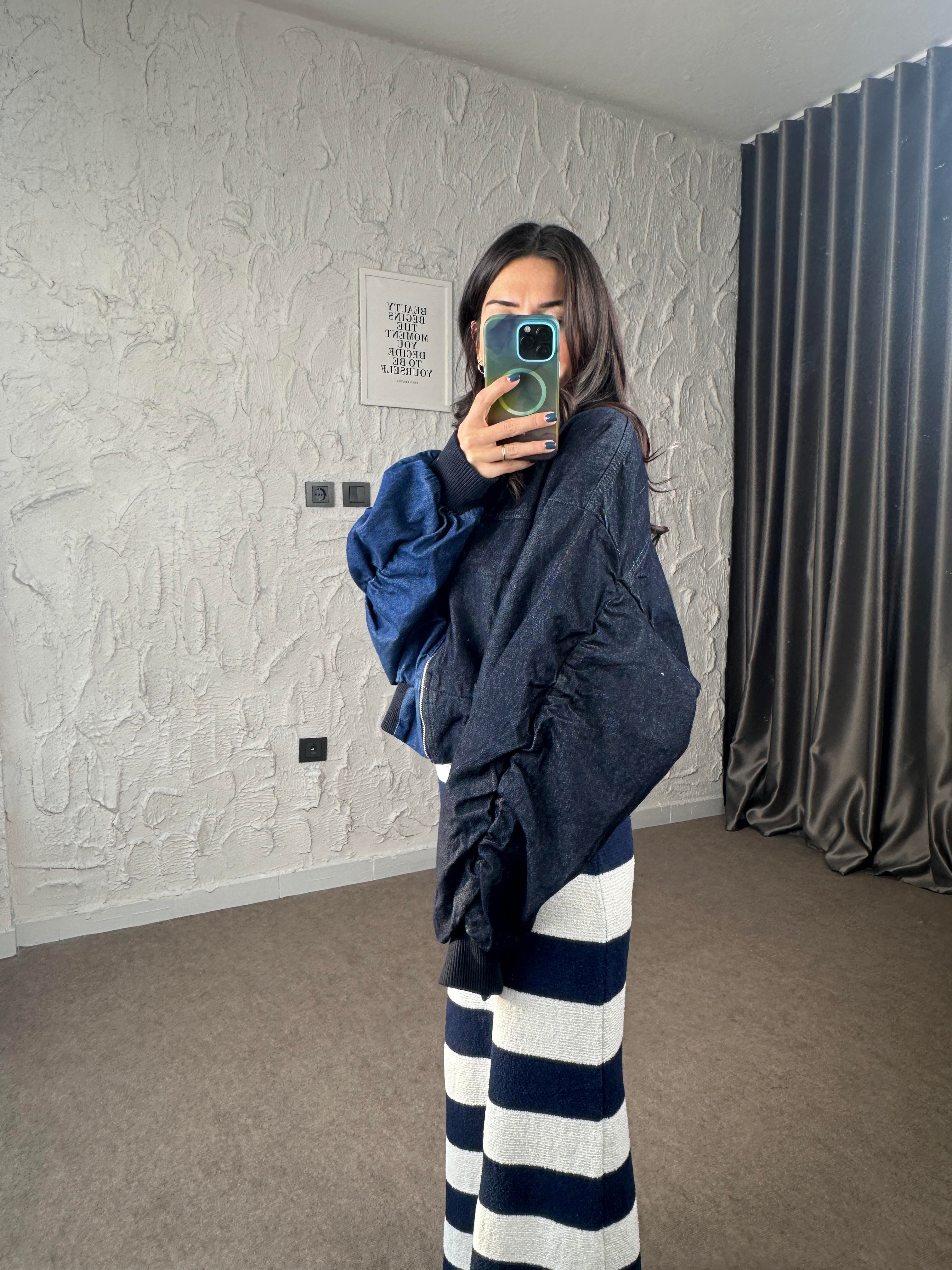 Balon Kol Çift Renk Denim Bomber Ceket 