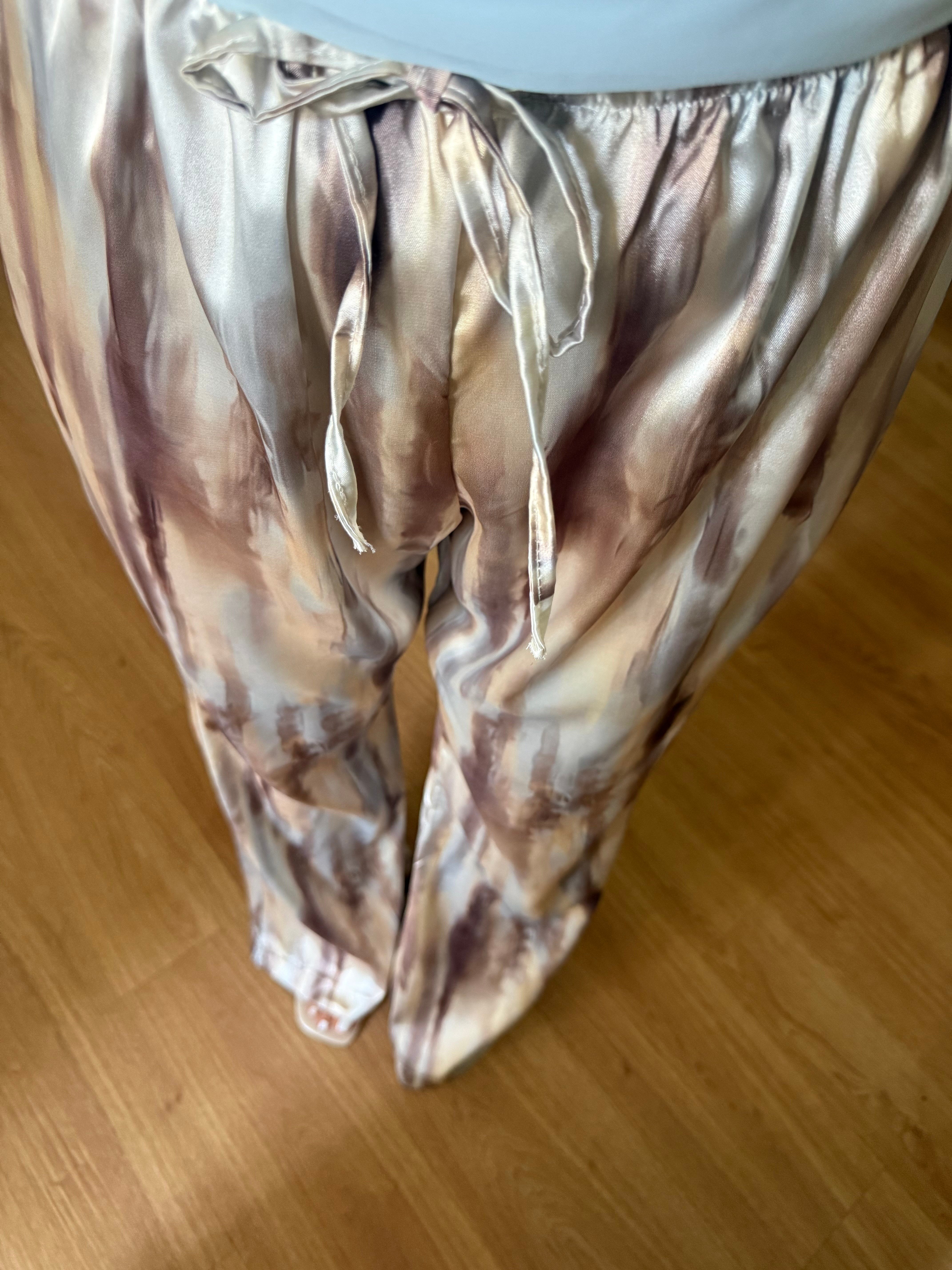 Batik Desen Saten Mavi-Sarı Pantolon