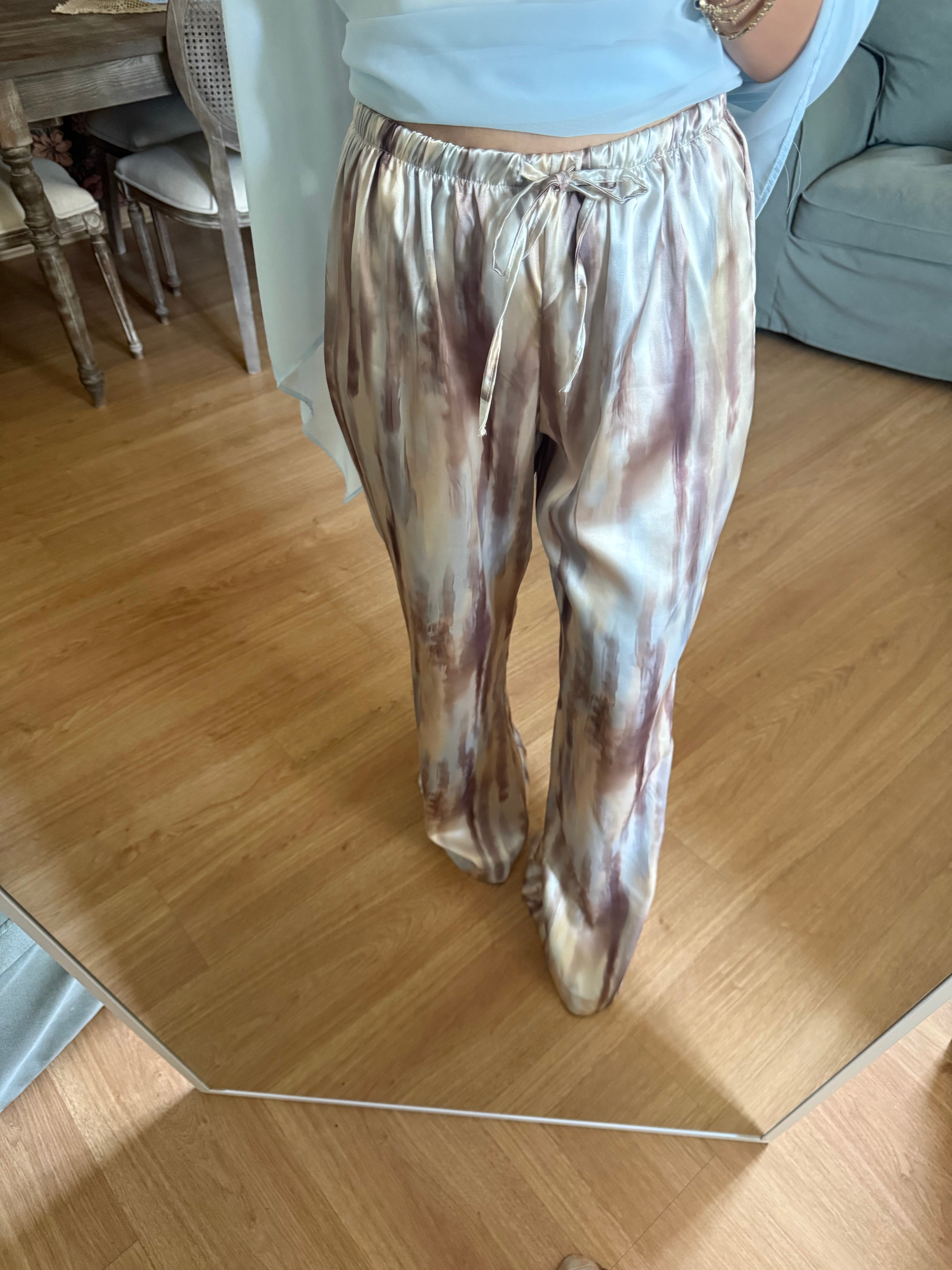Batik Desen Saten Mavi-Sarı Pantolon