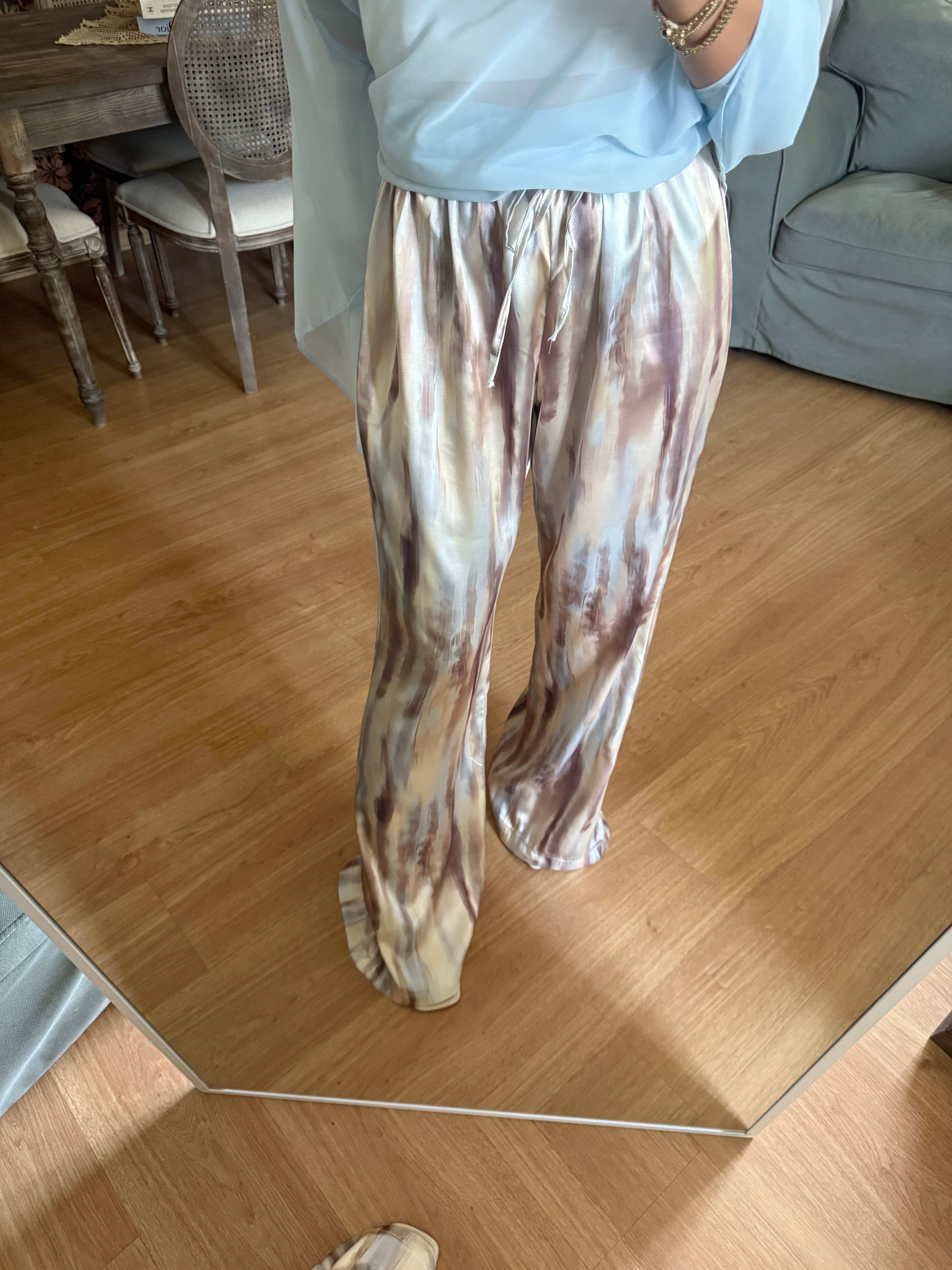 Batik Desen Saten Mavi-Sarı Pantolon