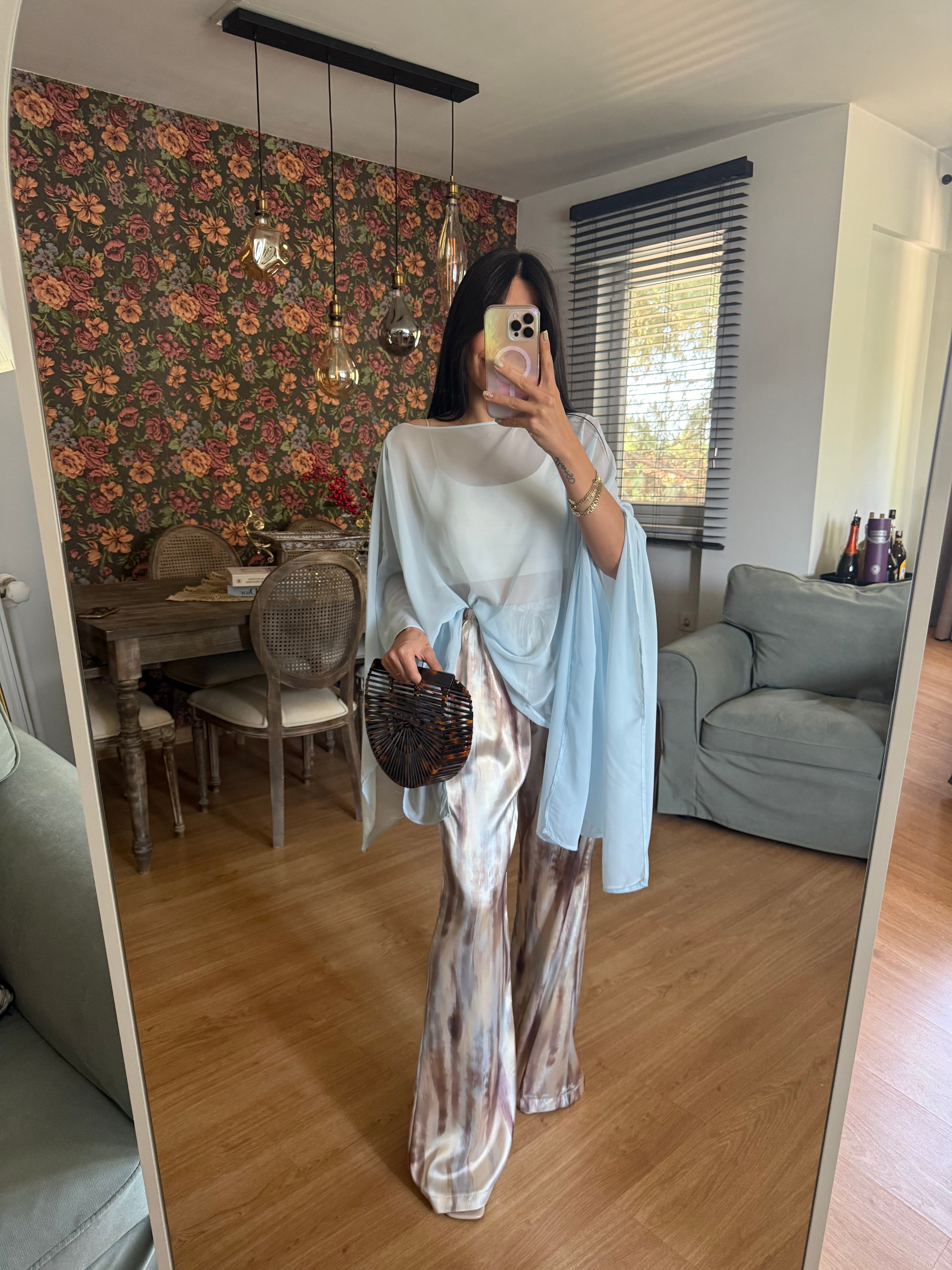 Batik Desen Saten Mavi-Sarı Pantolon