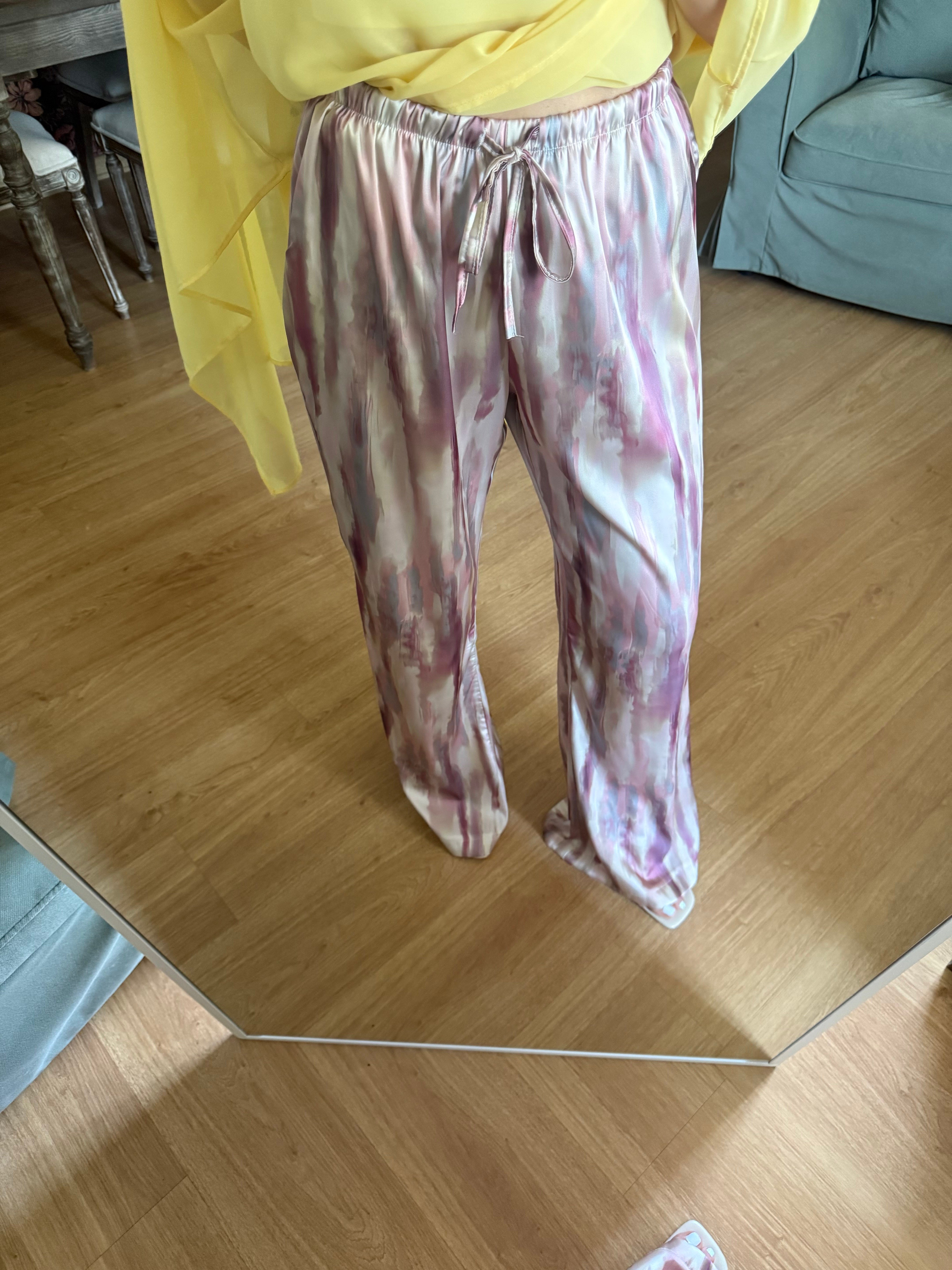 Batik Desen Saten Pembe-Sarı Pantolon