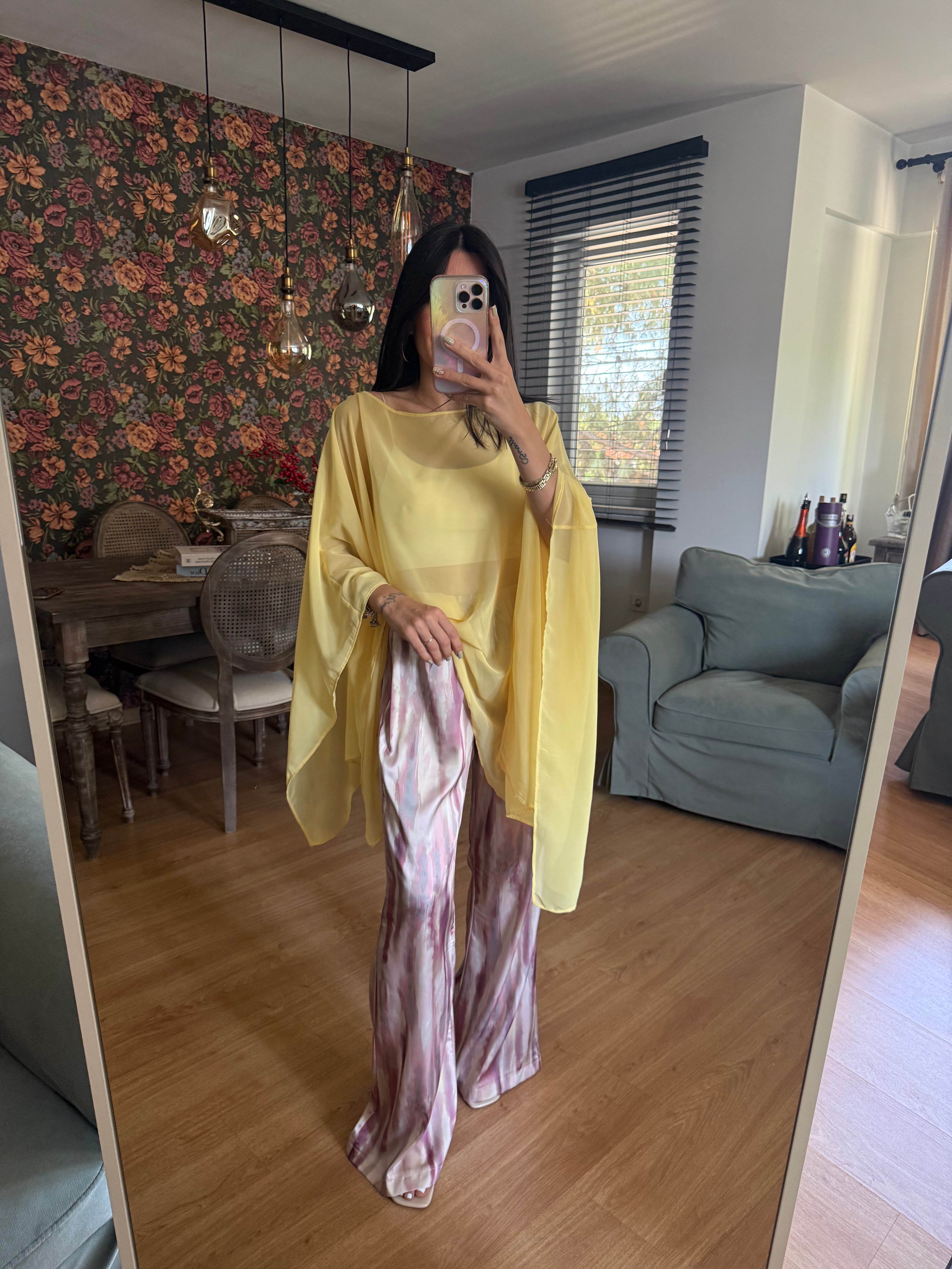 Batik Desen Saten Pembe-Sarı Pantolon