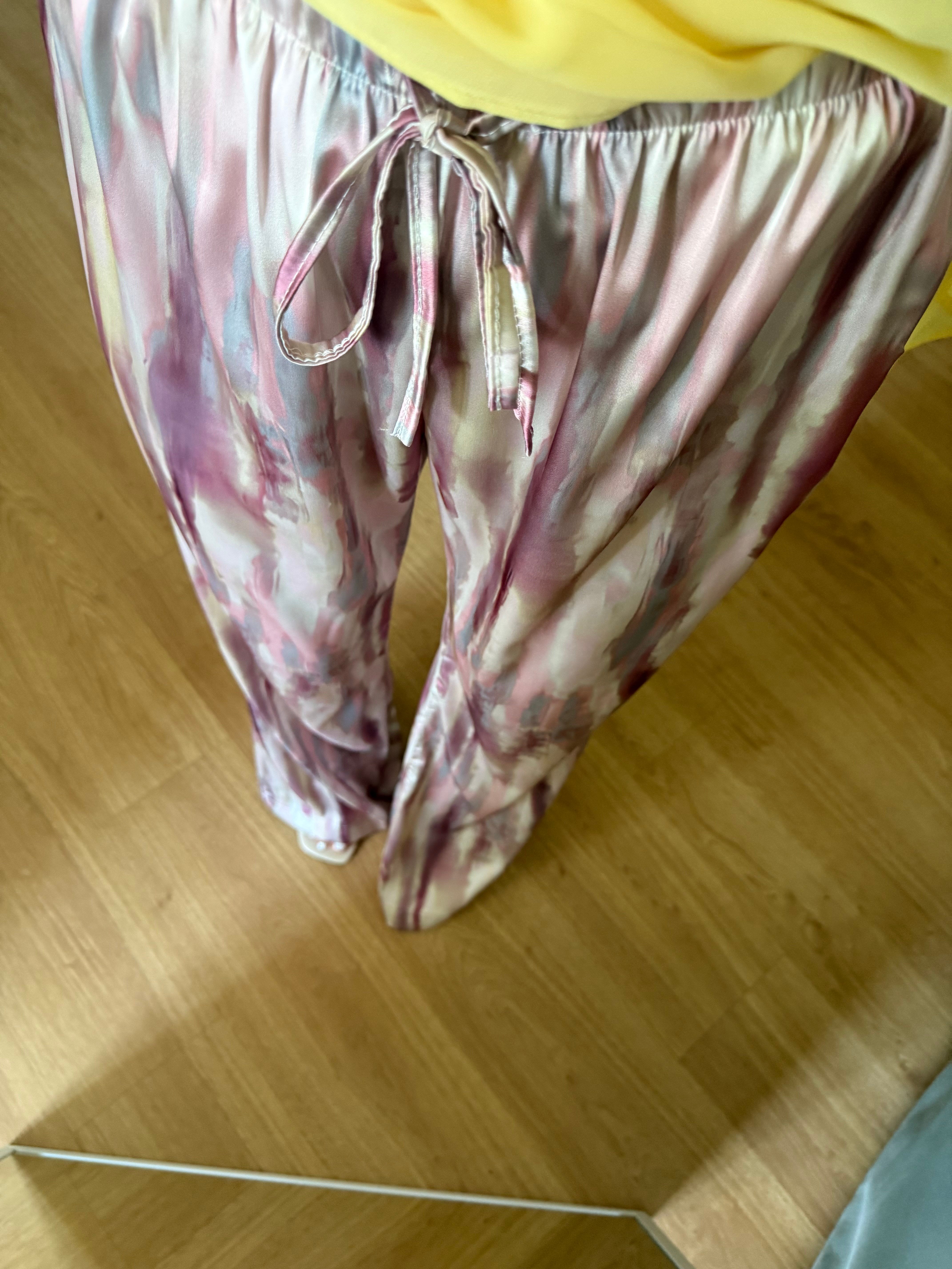Batik Desen Saten Pembe-Sarı Pantolon
