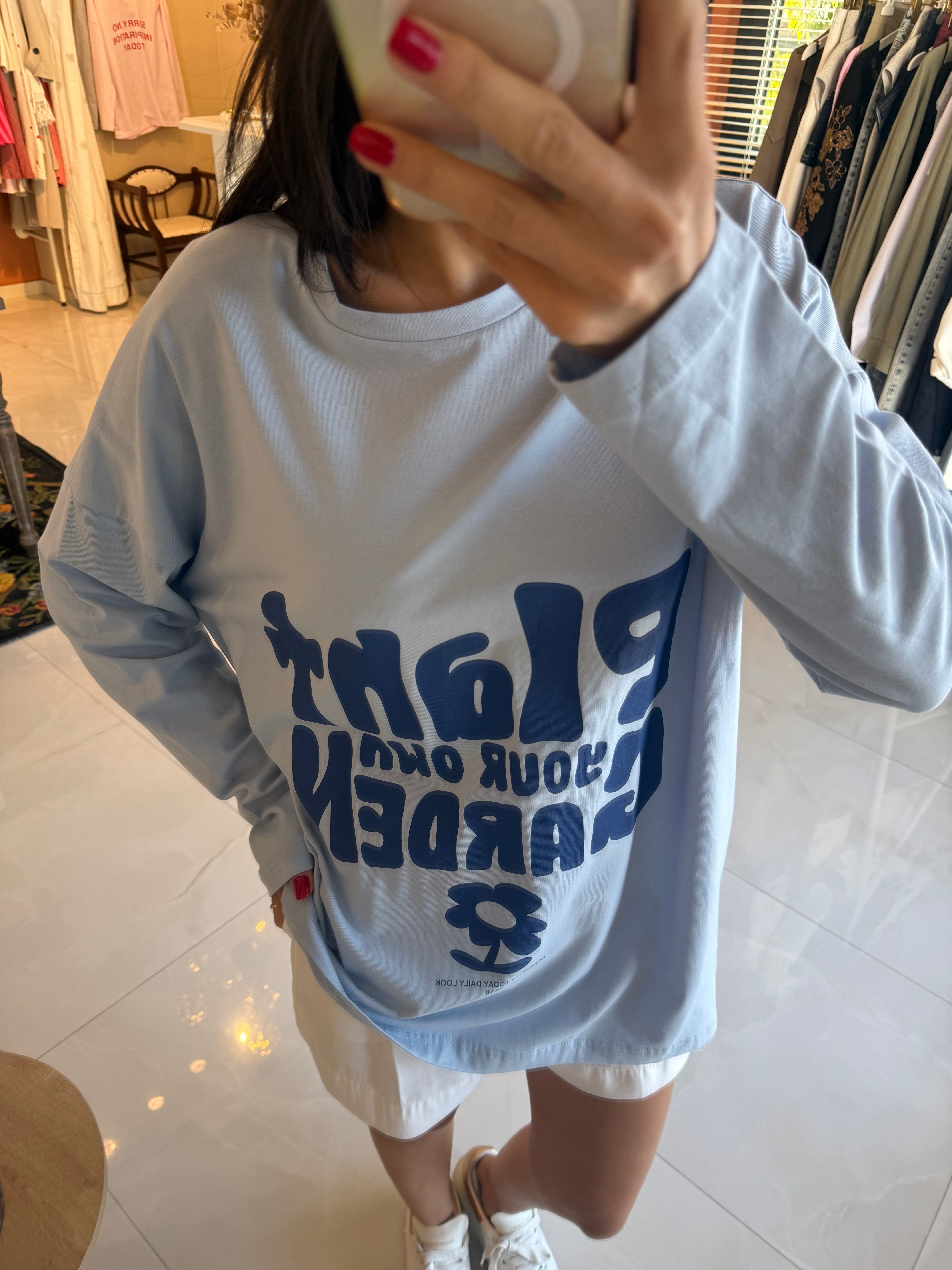 Bebe Mavisi Baskılı Basic Uzun Kollu Tshirt