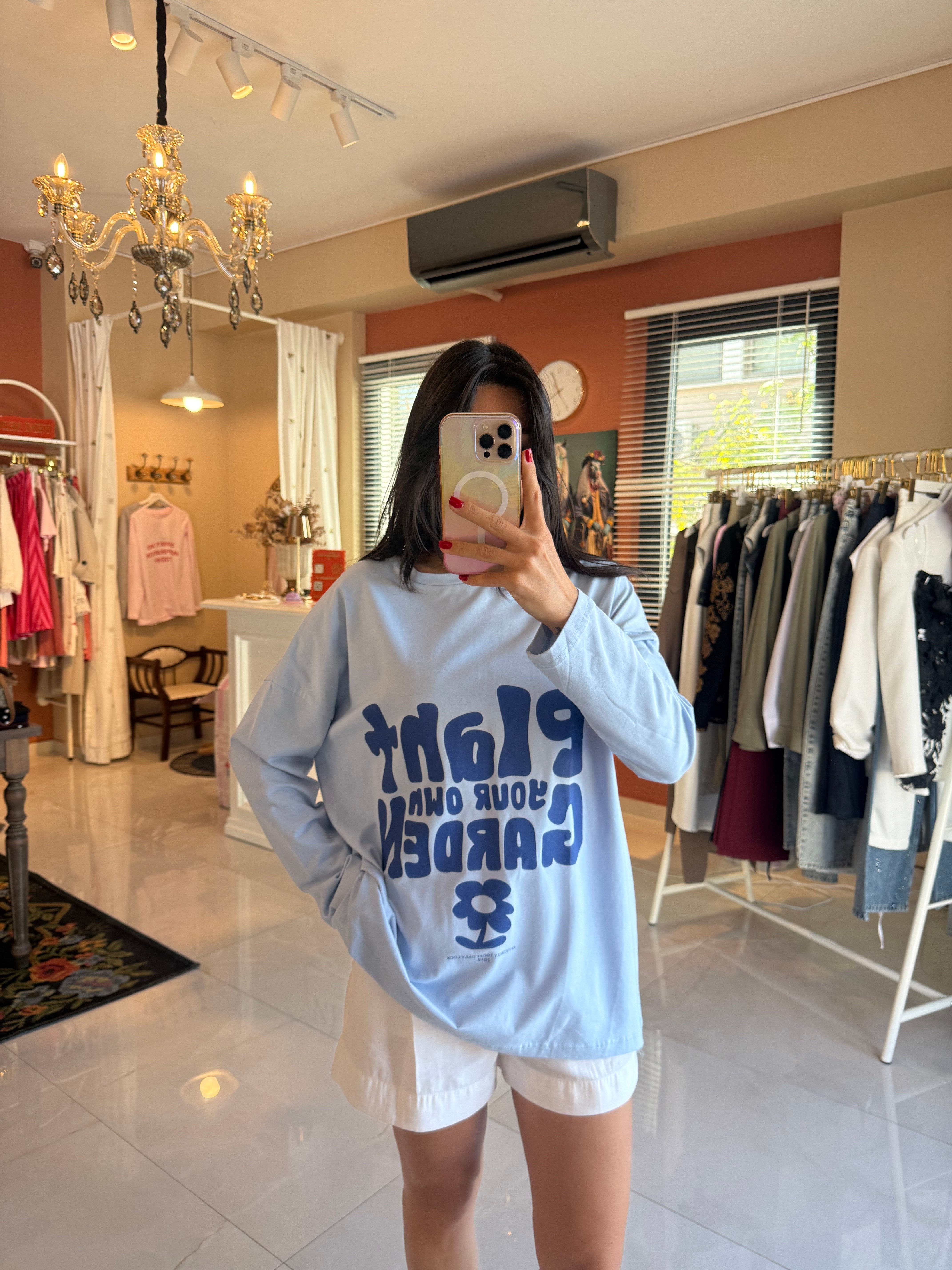 Bebe Mavisi Baskılı Basic Uzun Kollu Tshirt