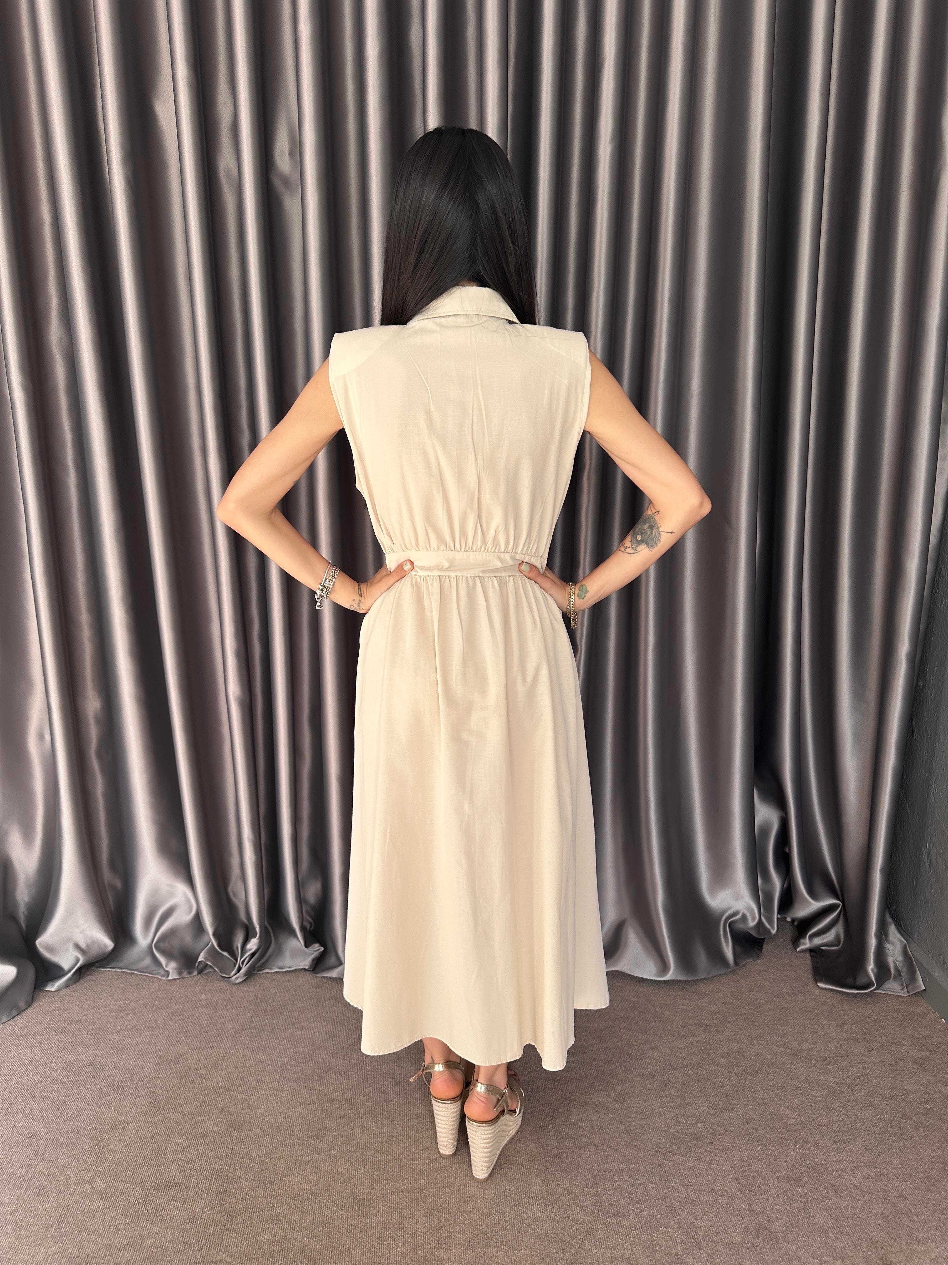 Bej Vatkalı Poplin Elbise