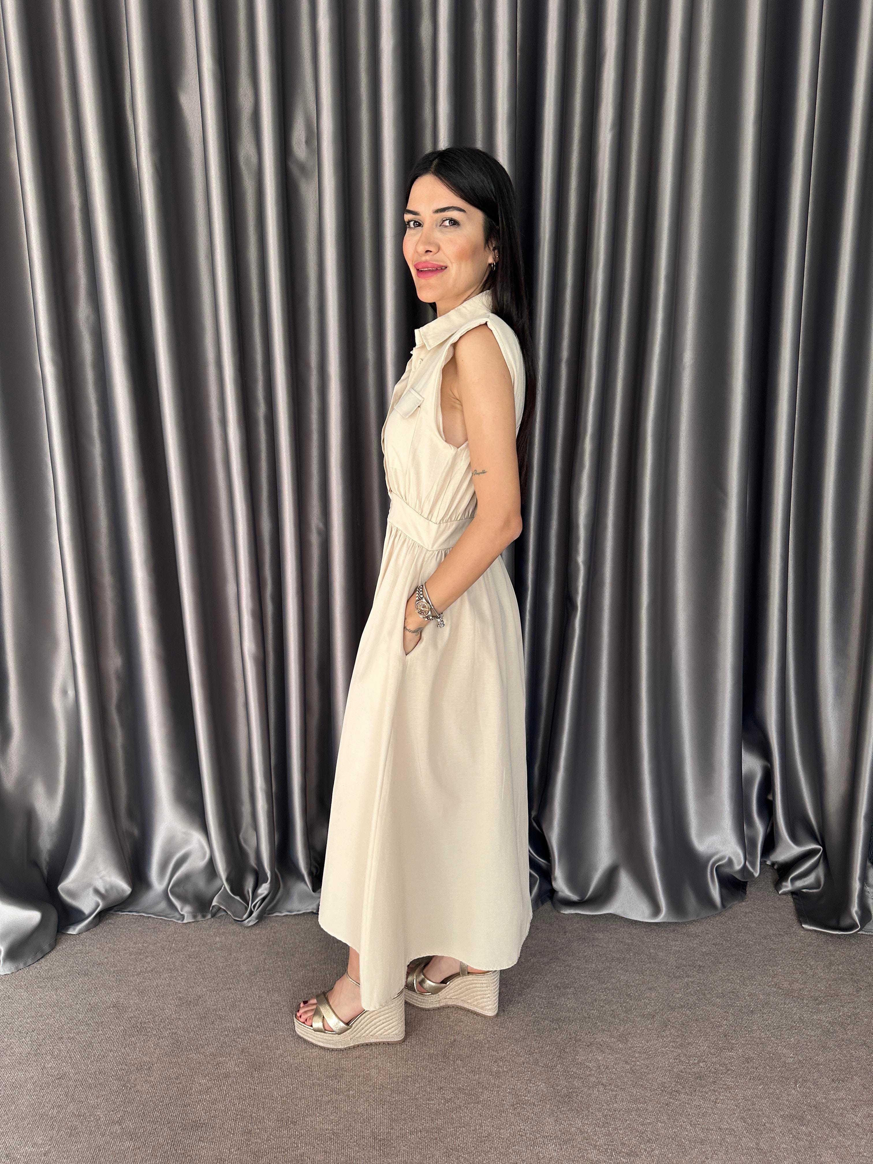 Bej Vatkalı Poplin Elbise