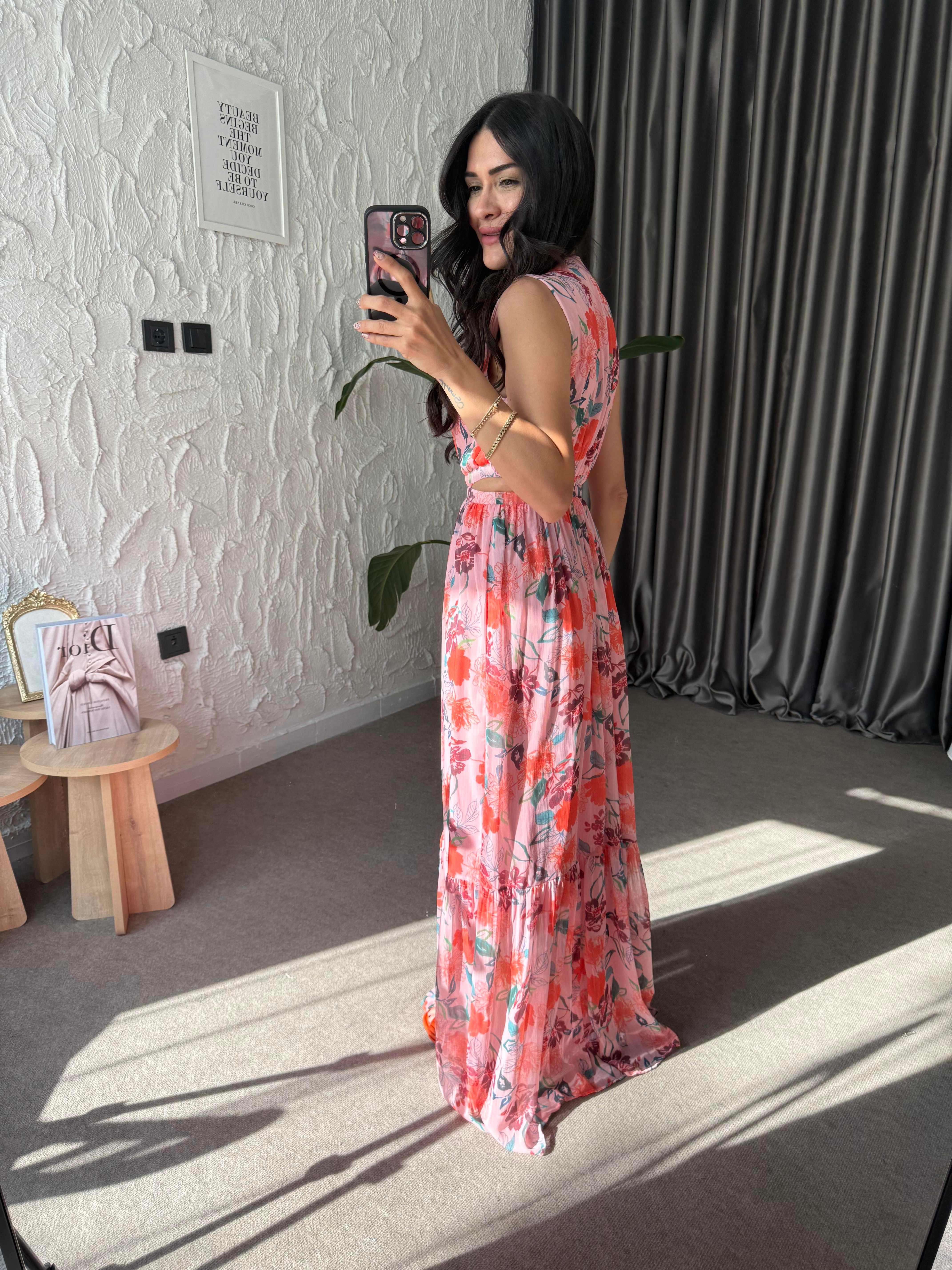 Bel Dekolteli Çiçekli Şifon Elbise