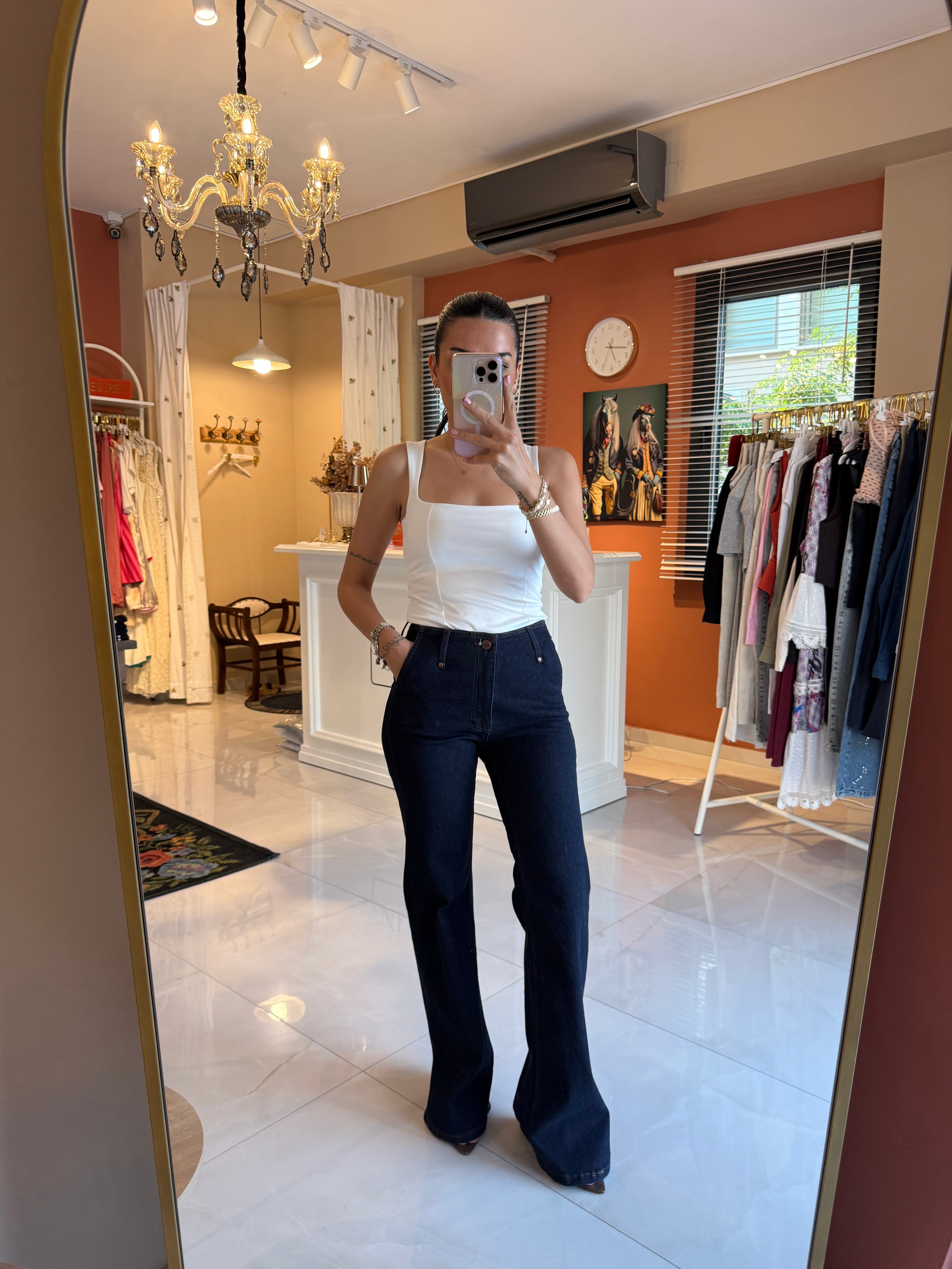 Bel Detaylı Likralı Jean Pantolon