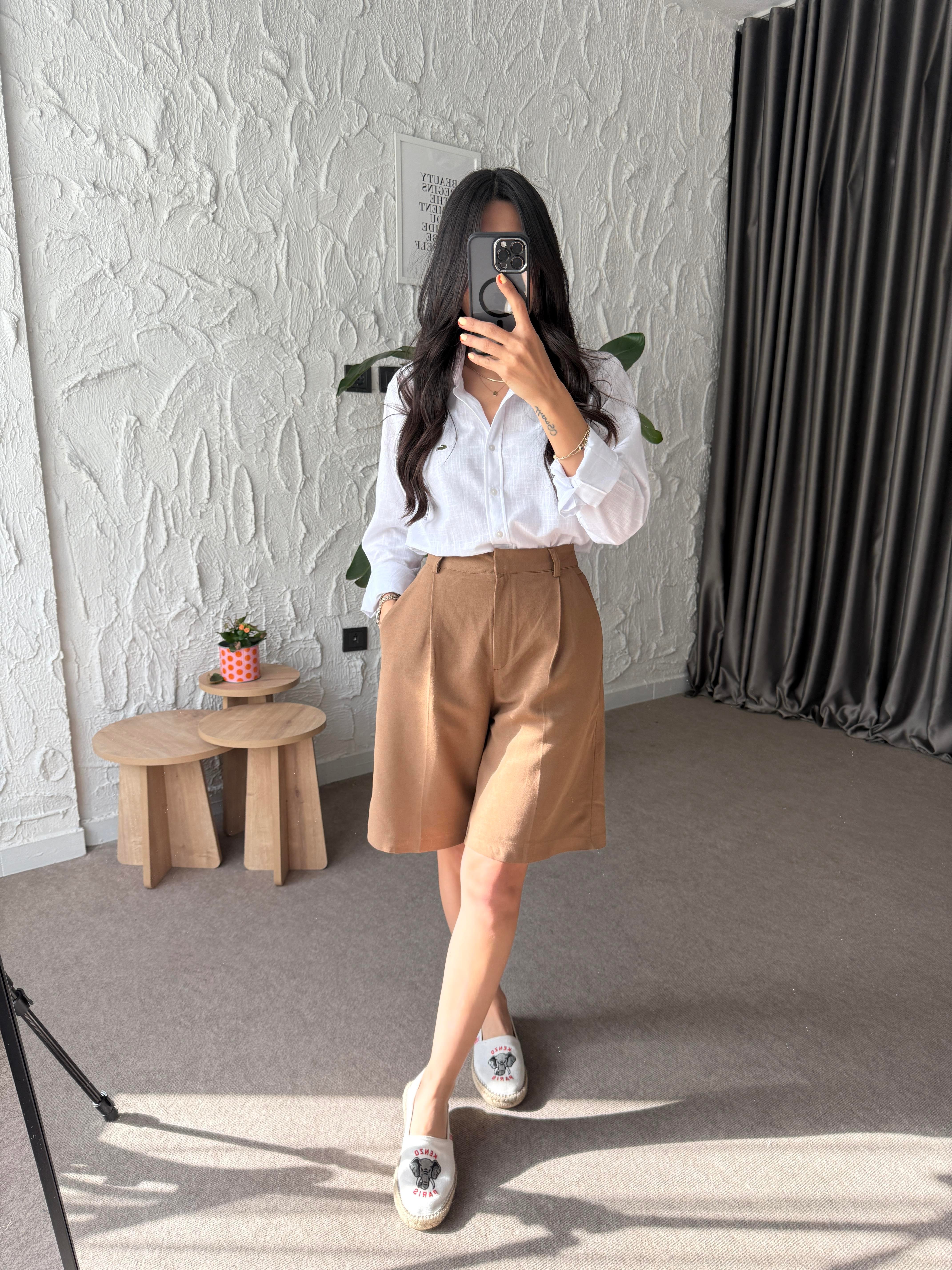 Bermuda Keten Şort - Kahverengi