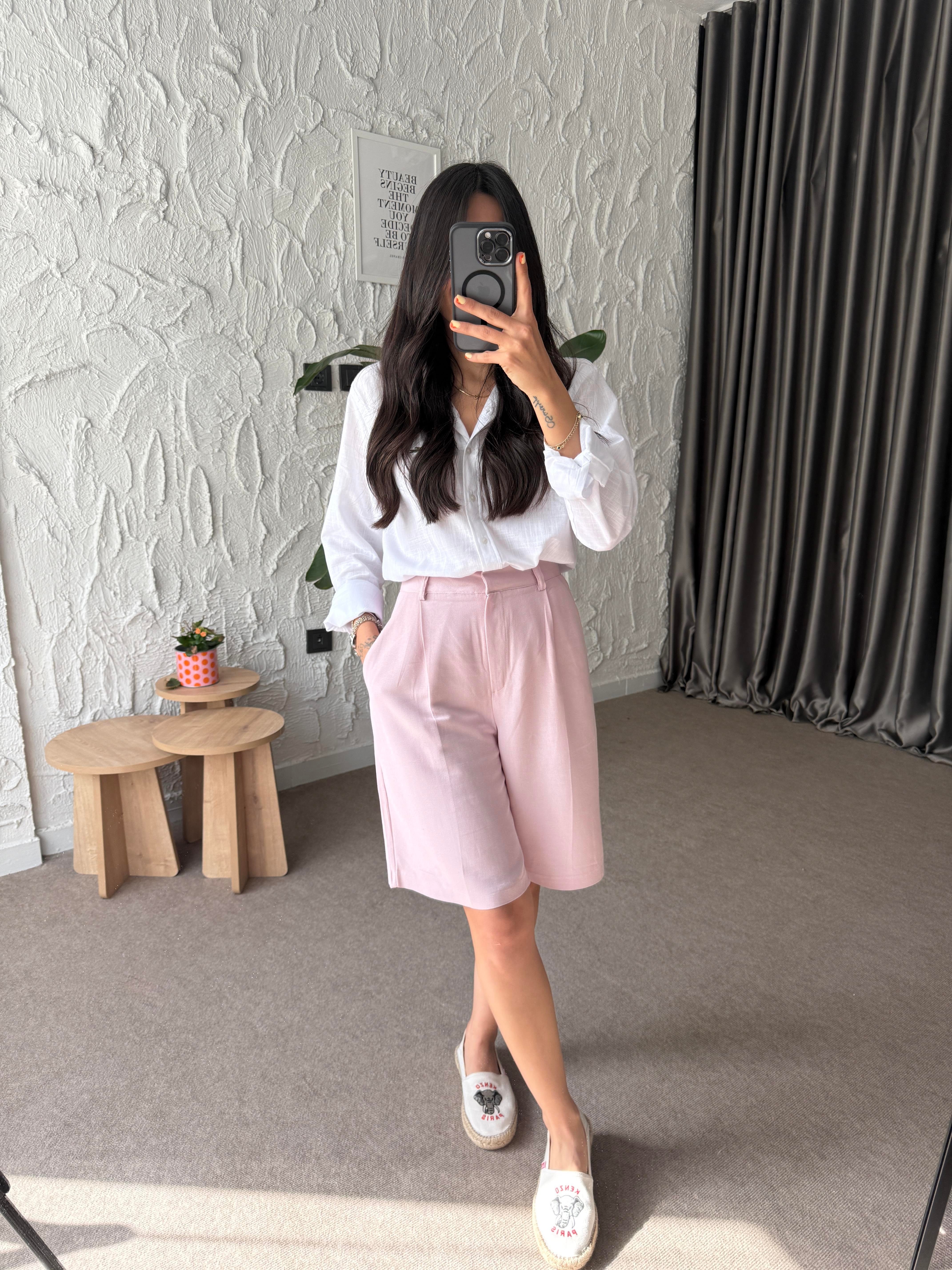 Bermuda Keten Şort - Pembe