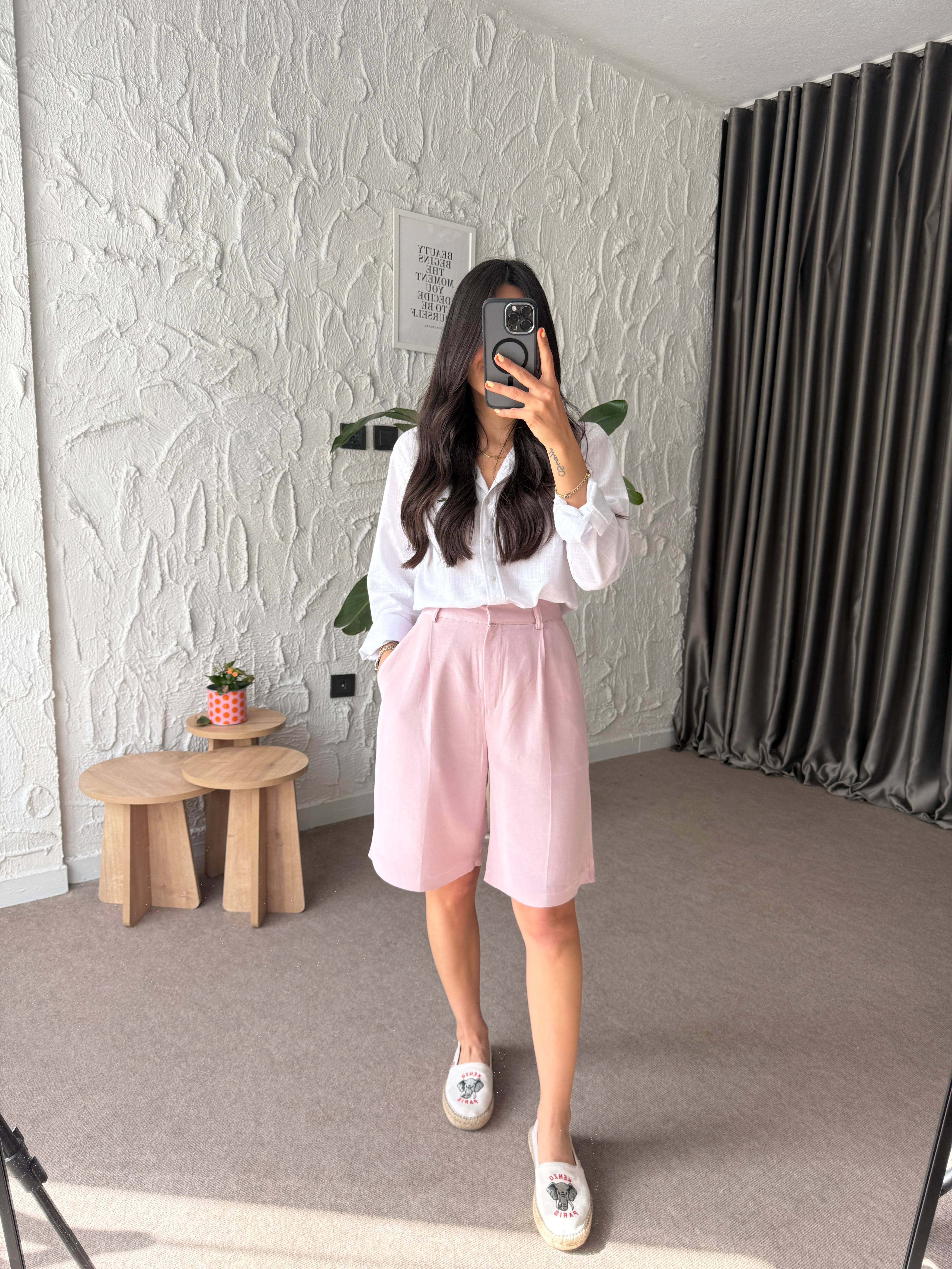 Bermuda Keten Şort - Pembe