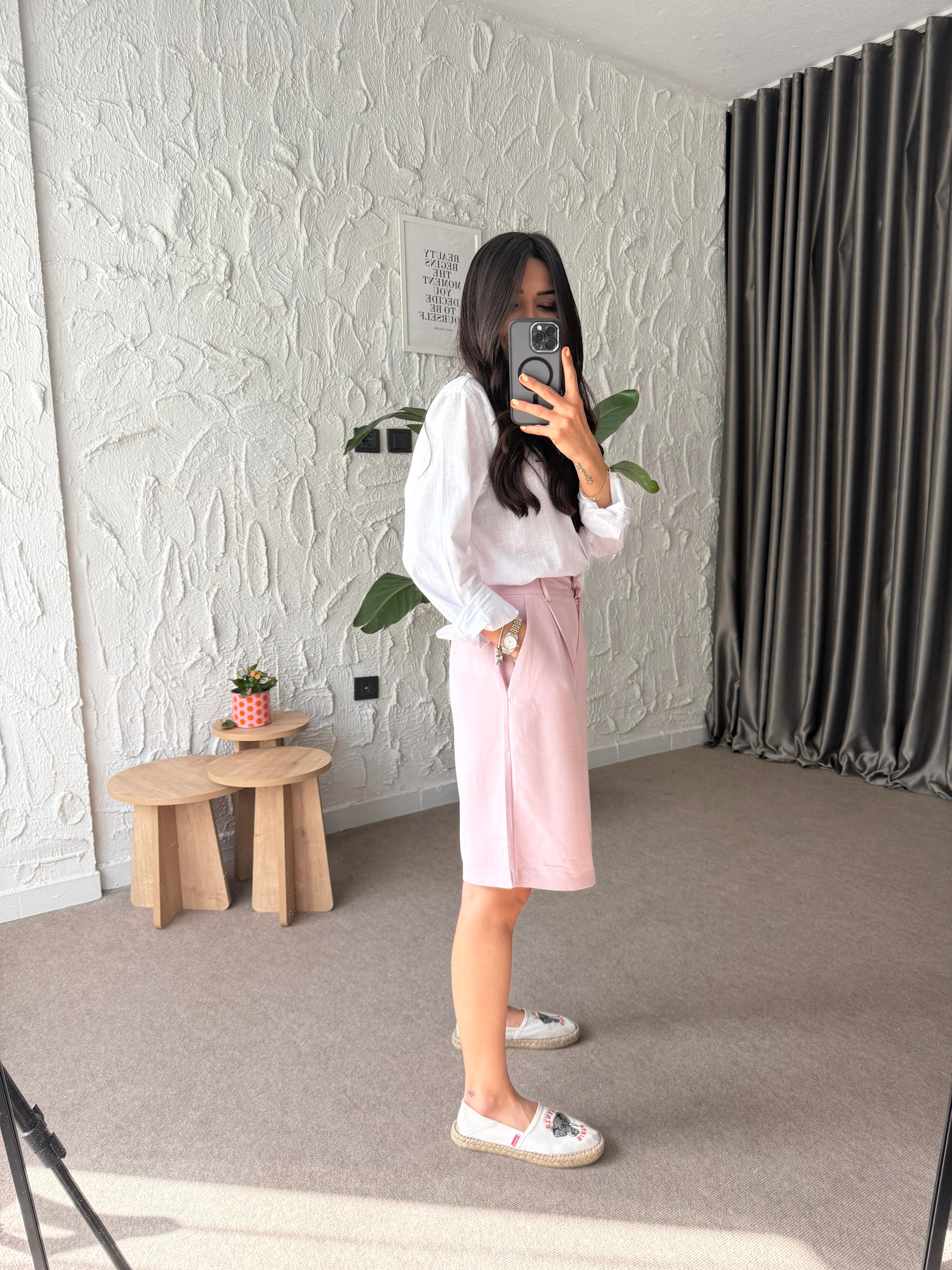 Bermuda Keten Şort - Pembe