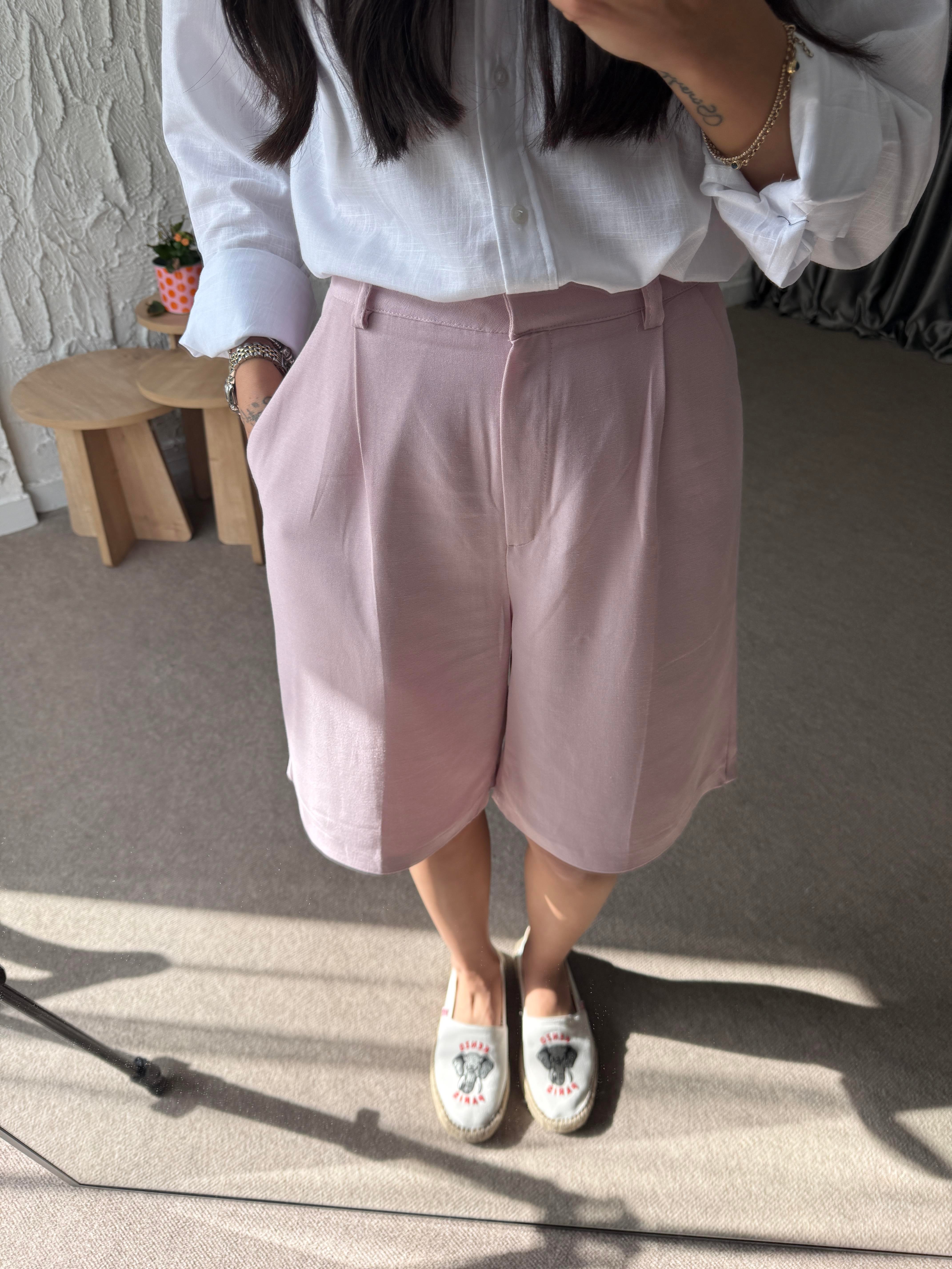 Bermuda Keten Şort - Pembe