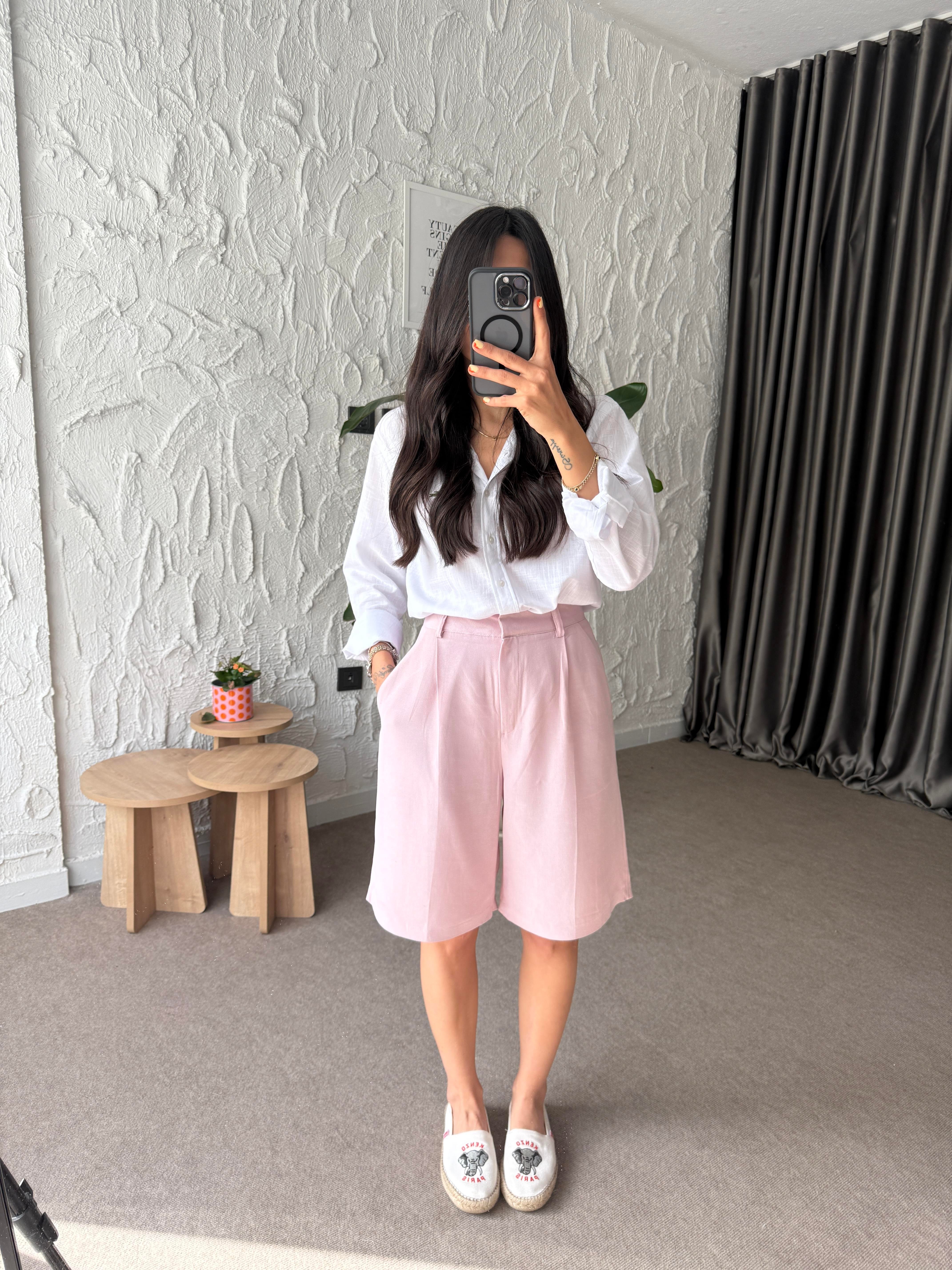 Bermuda Keten Şort - Pembe