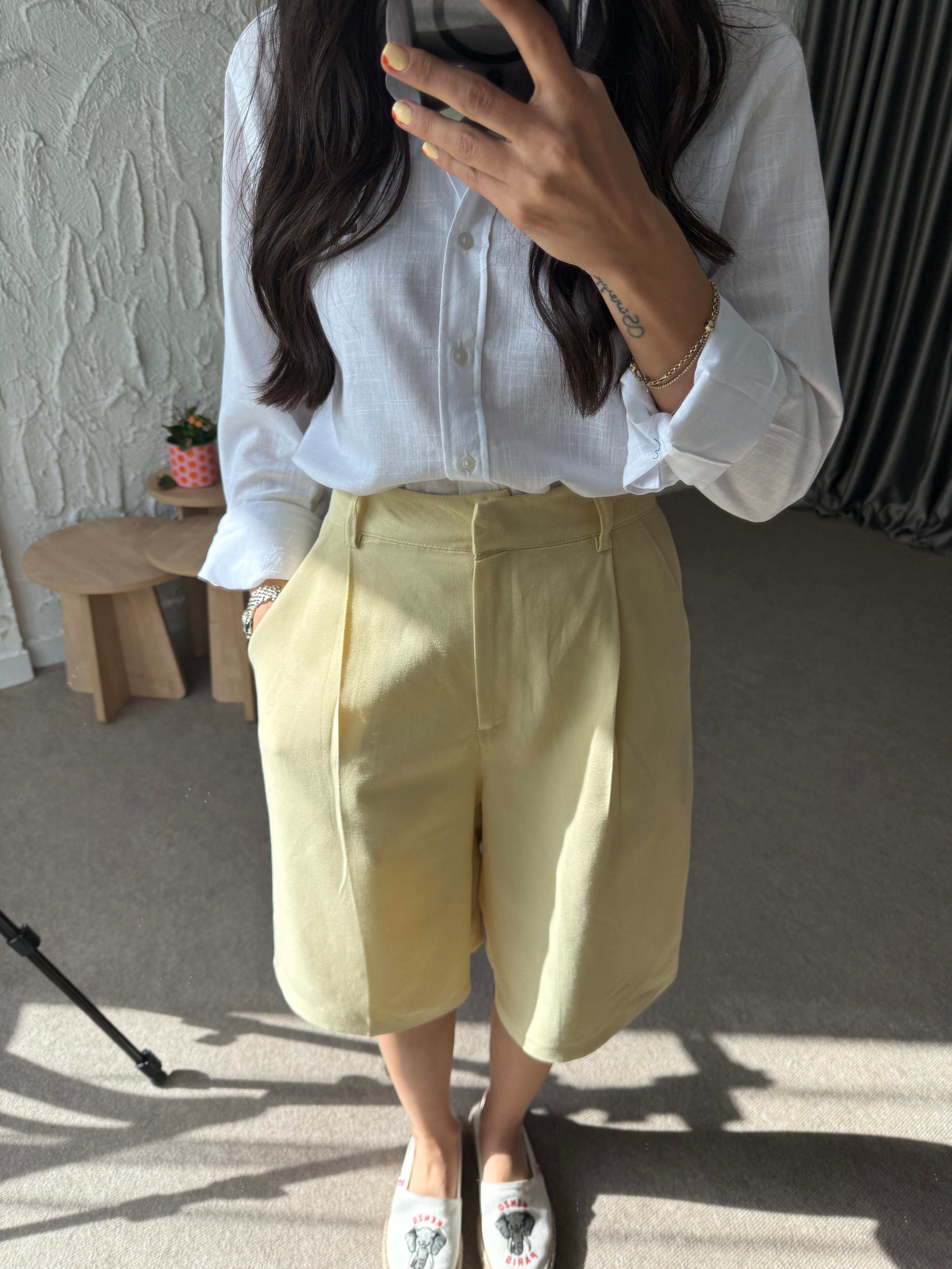 Bermuda Keten Şort - Sarı