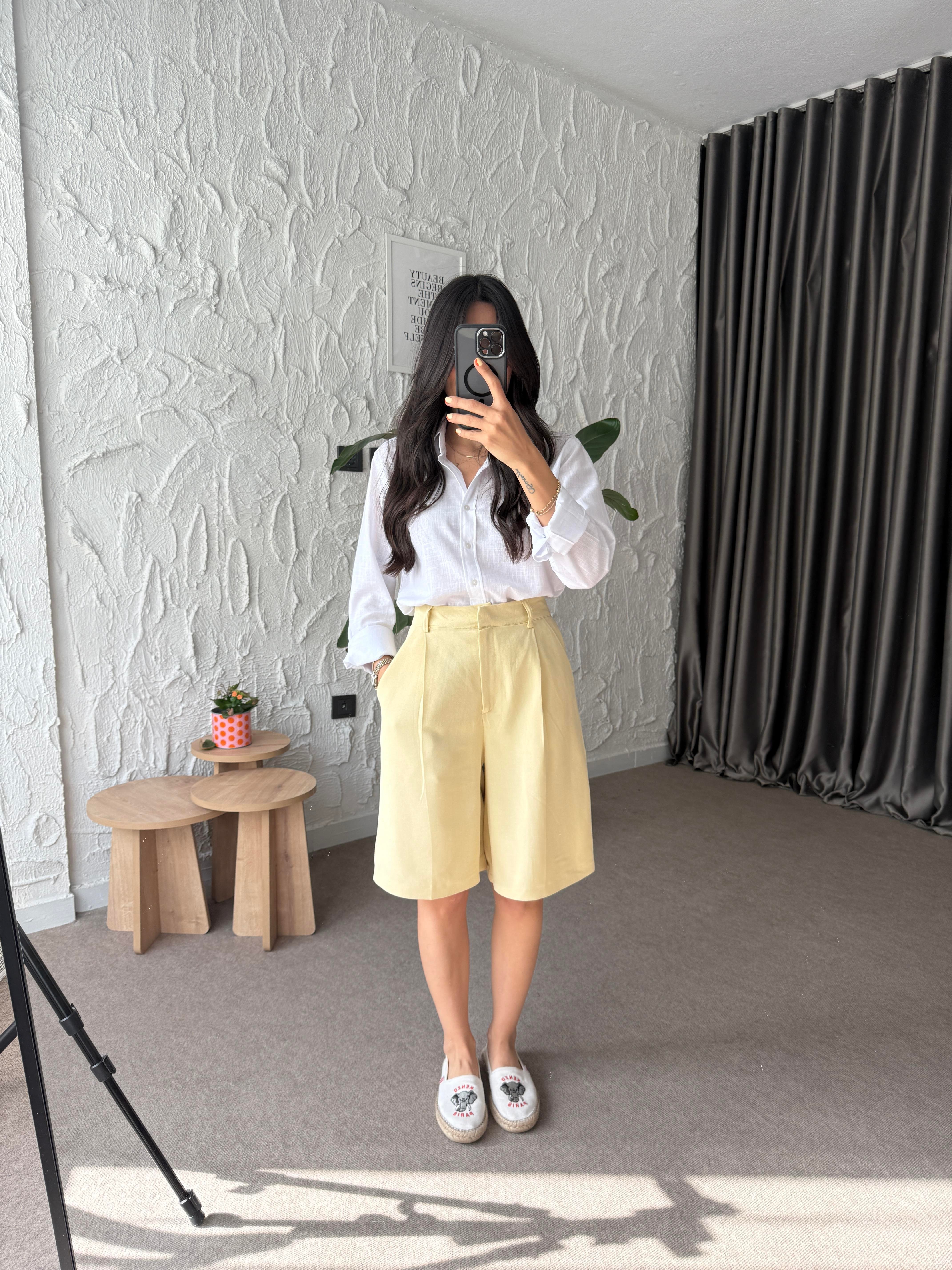 Bermuda Keten Şort - Sarı