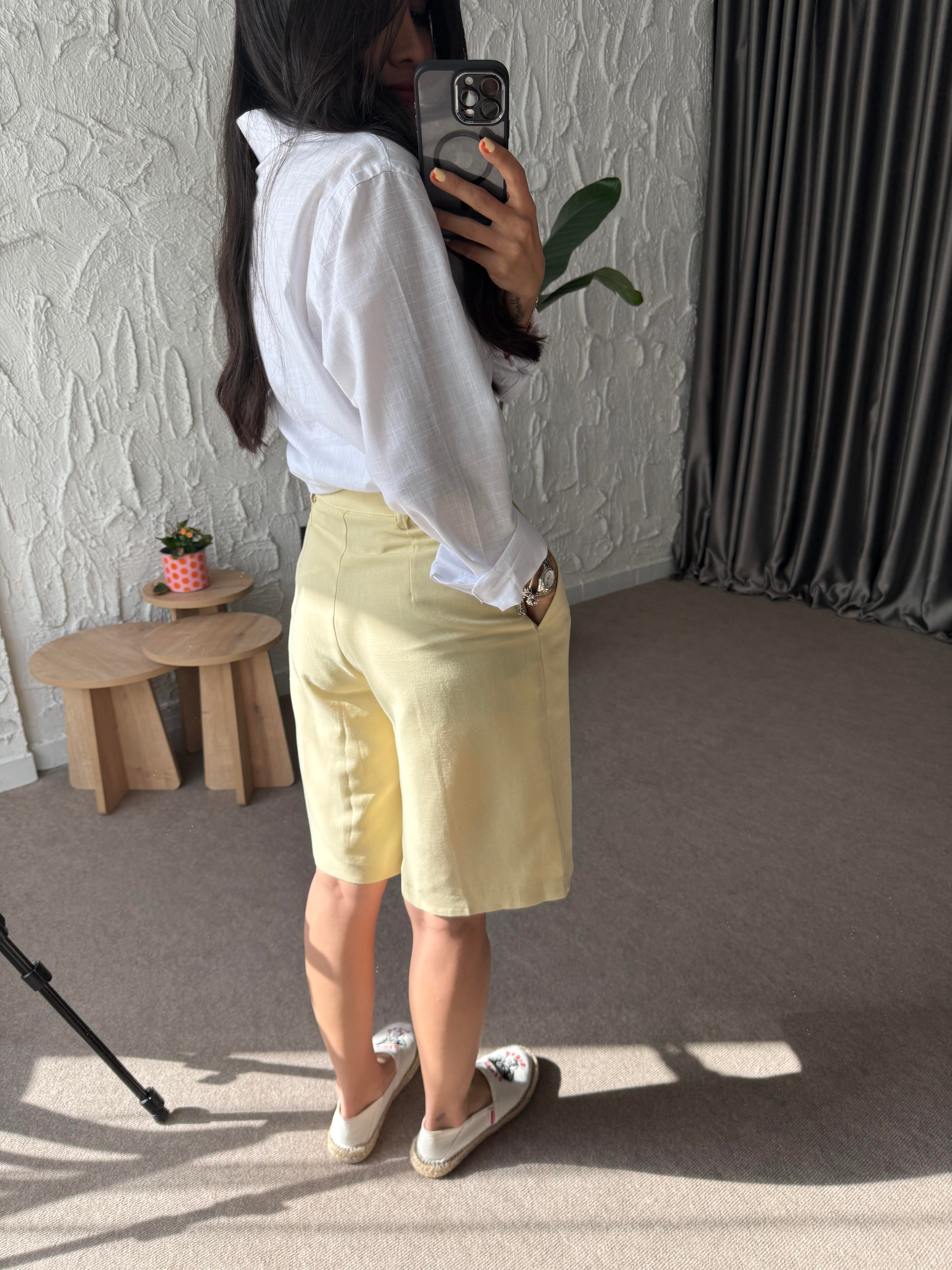 Bermuda Keten Şort - Sarı