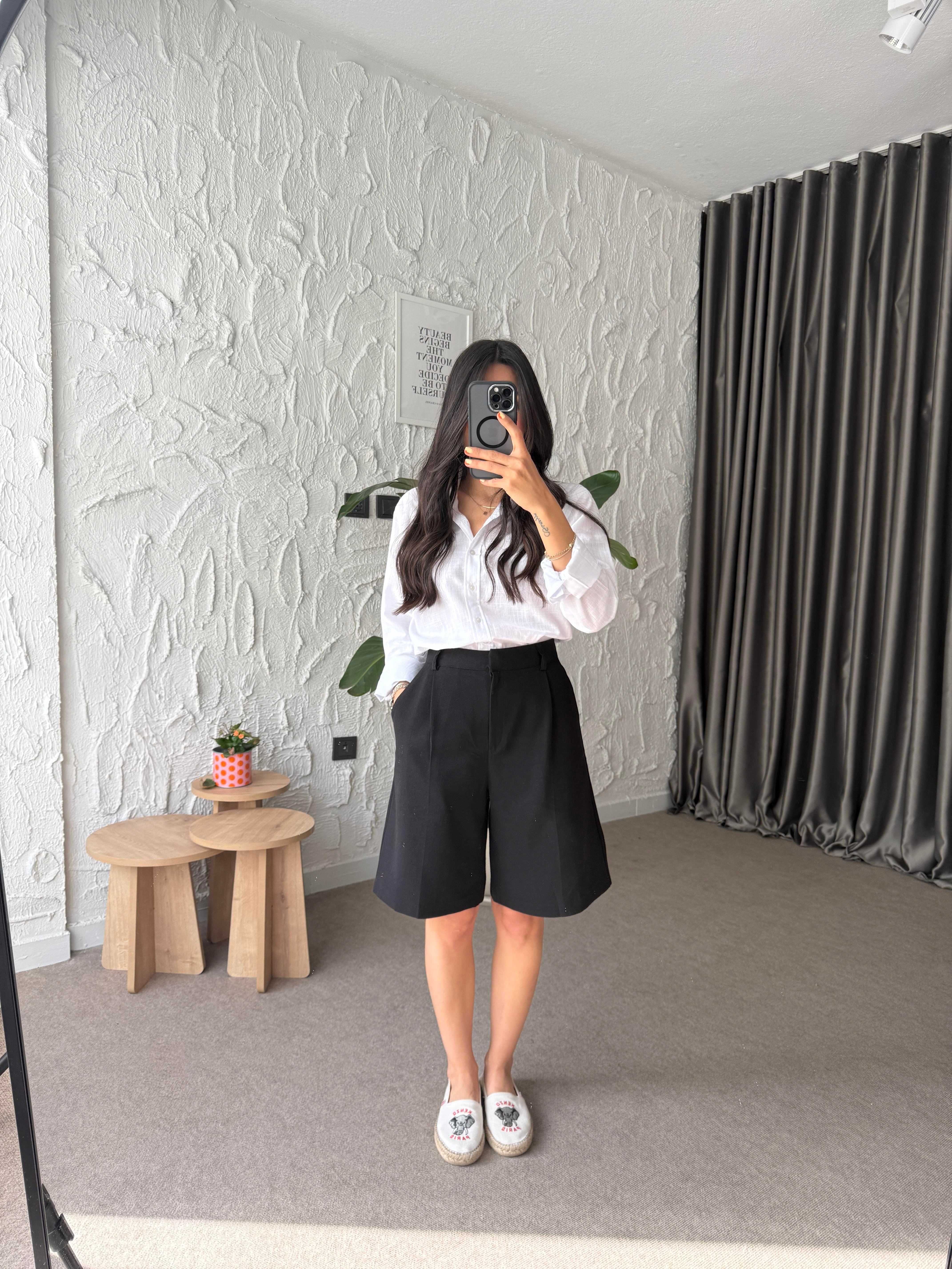 Bermuda Keten Şort - Siyah