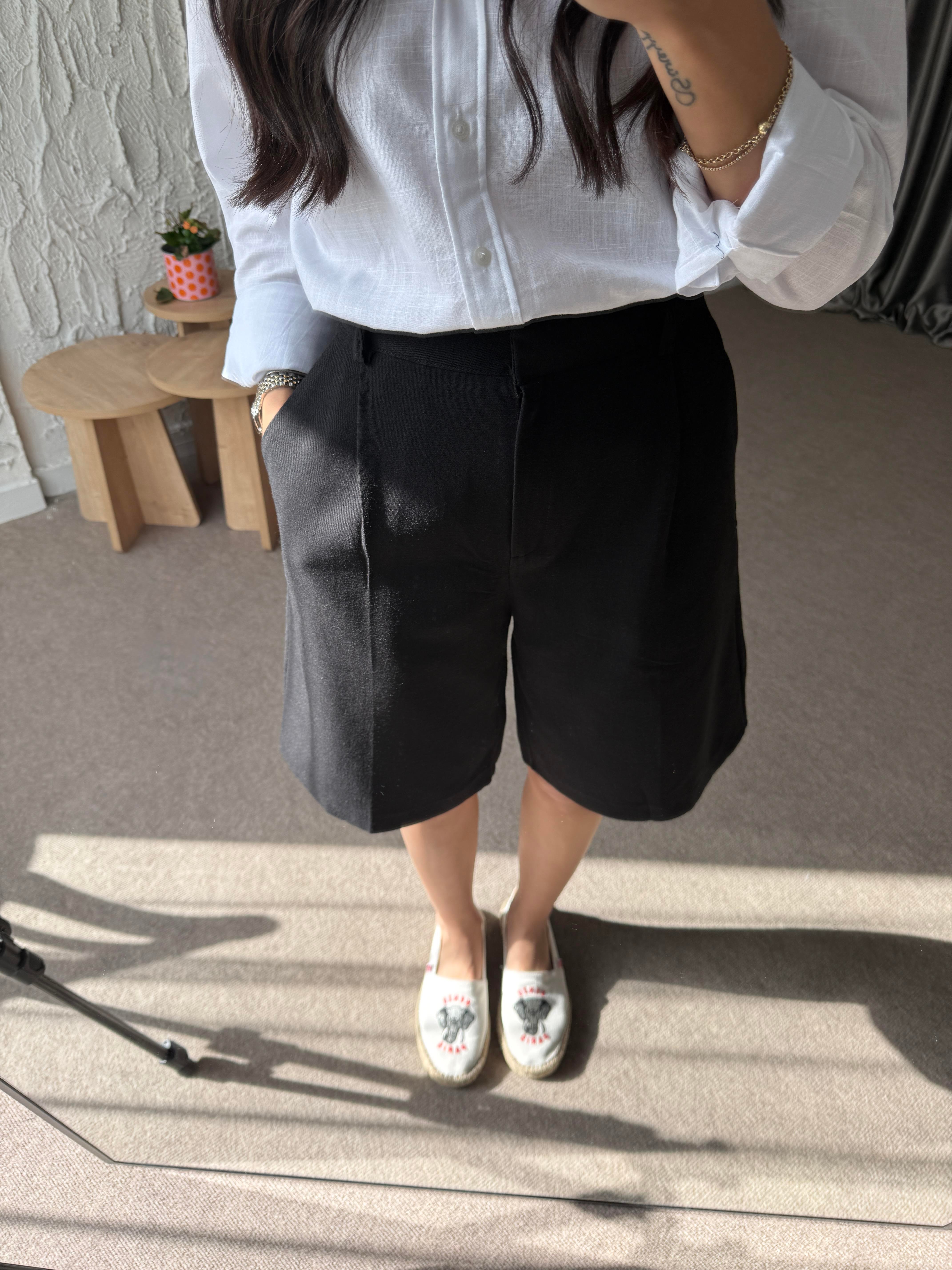 Bermuda Keten Şort - Siyah