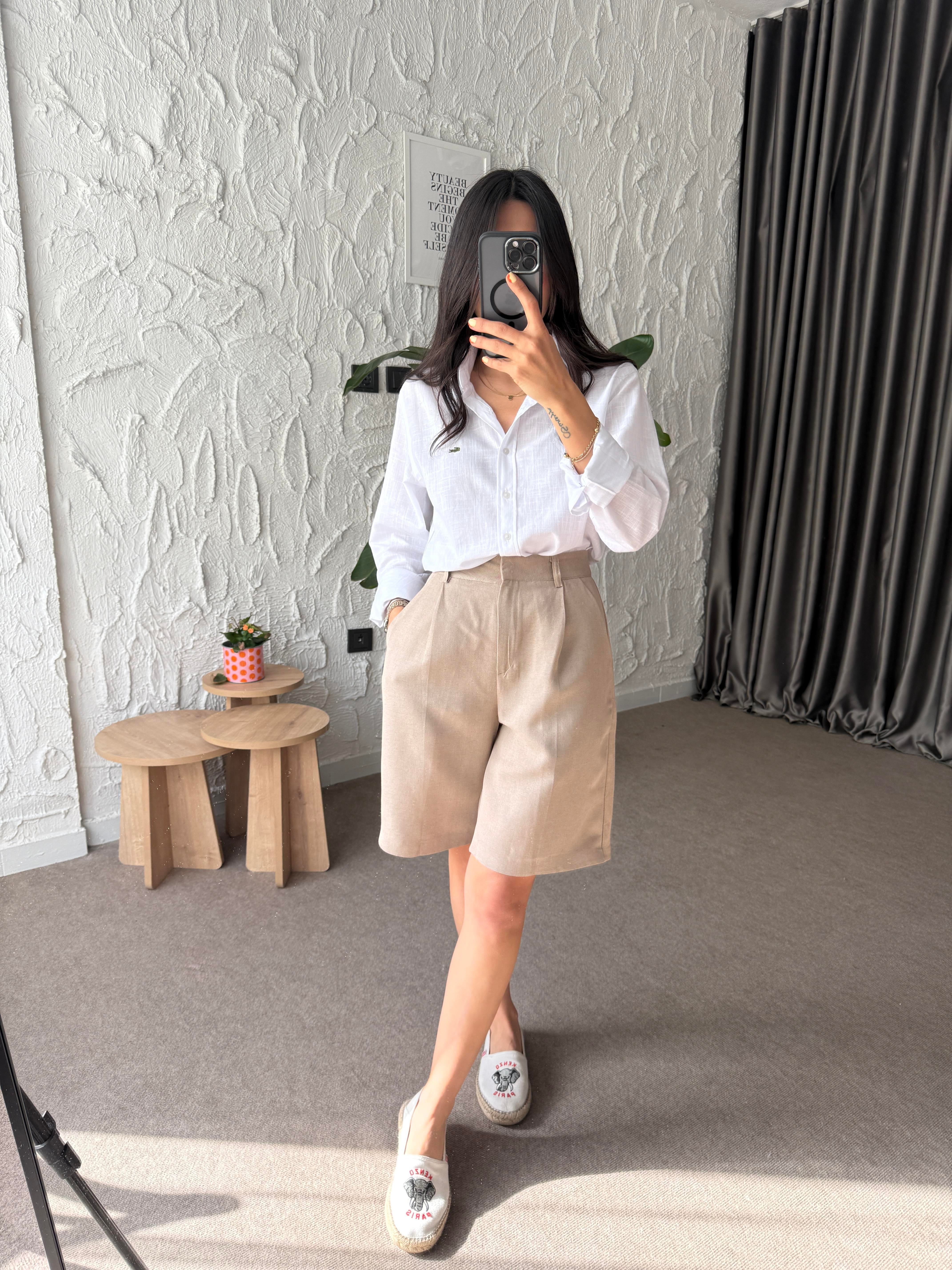 Bermuda Keten Şort - Vizon