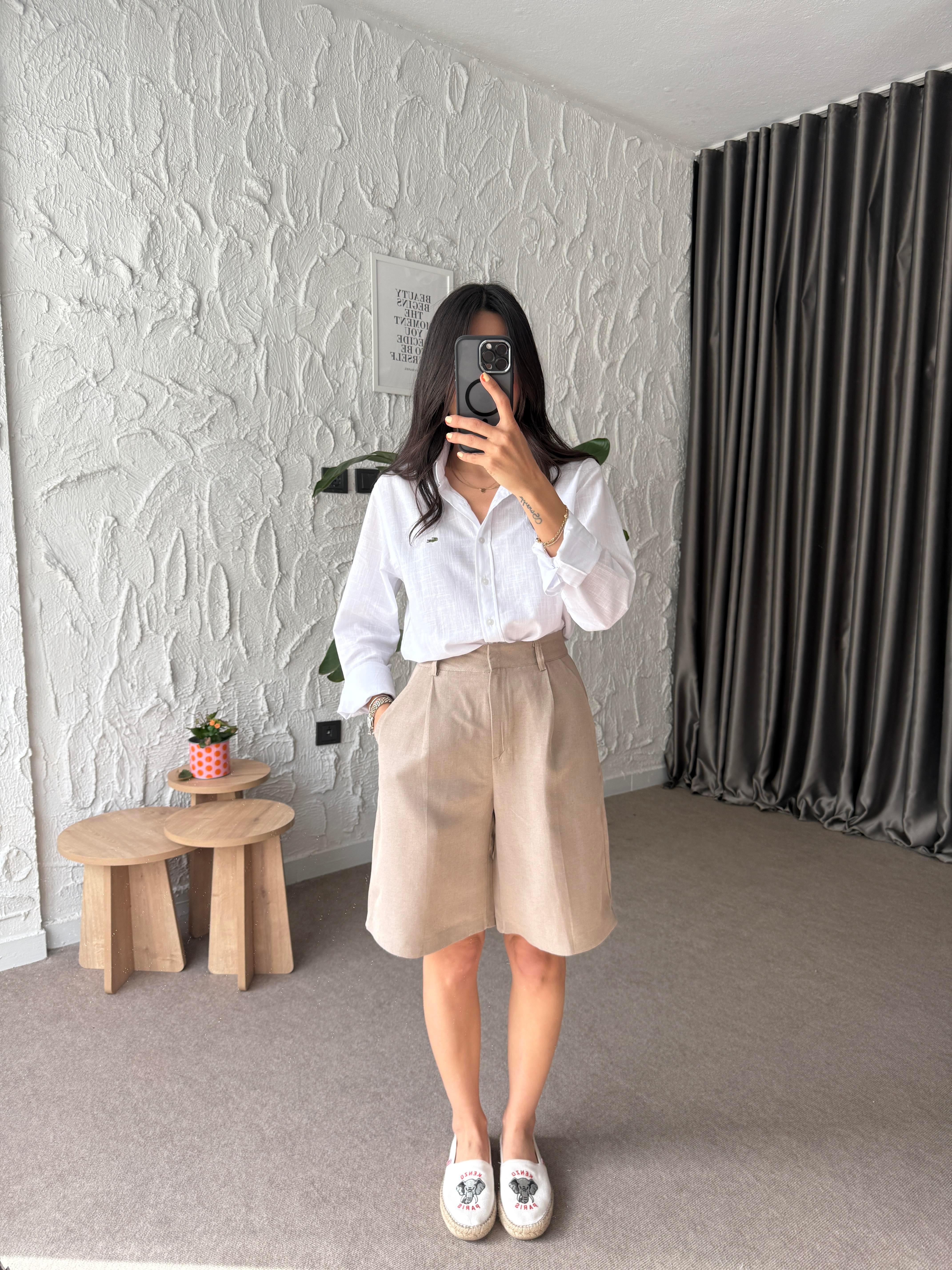 Bermuda Keten Şort - Vizon