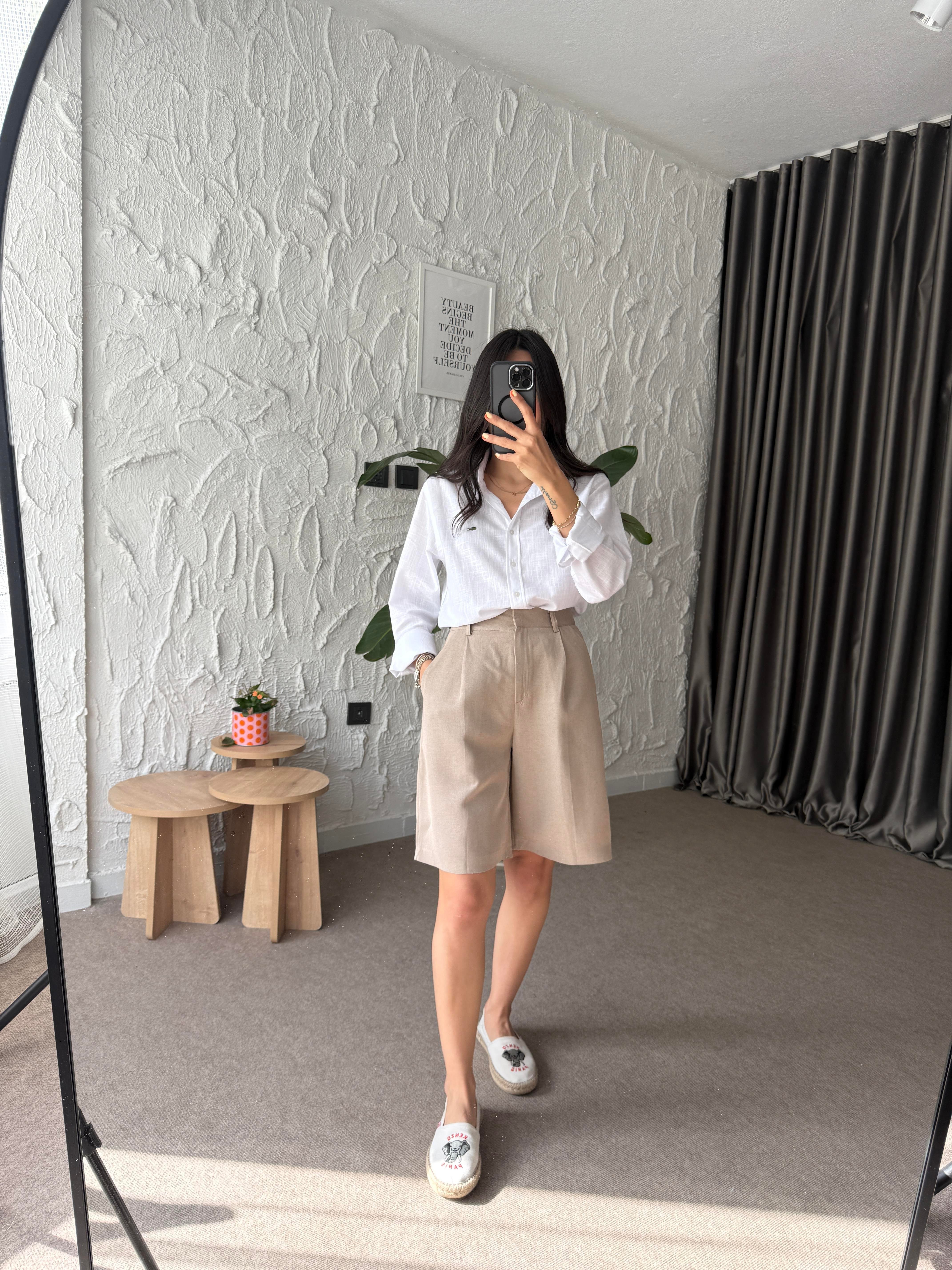 Bermuda Keten Şort - Vizon