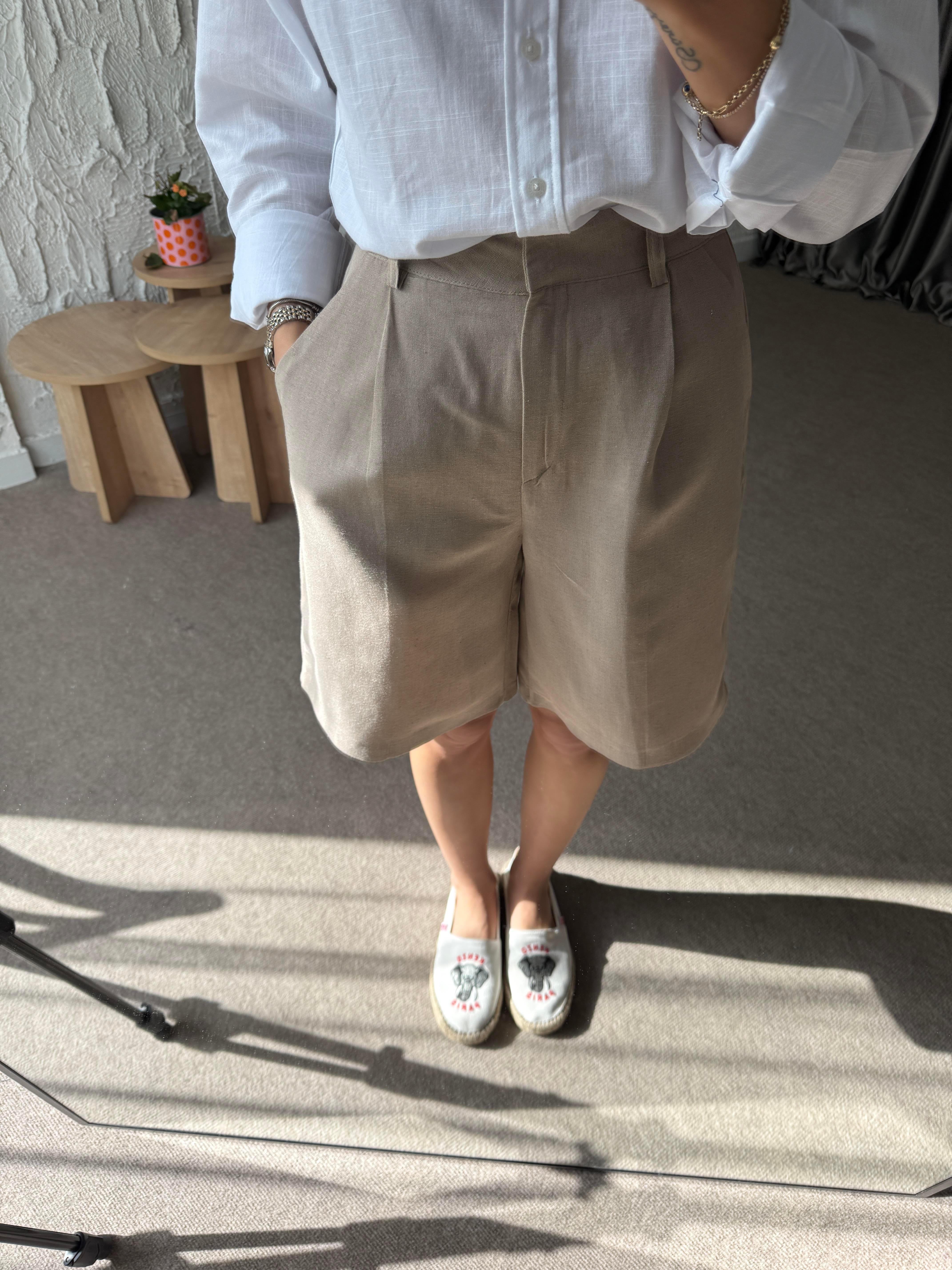 Bermuda Keten Şort - Vizon