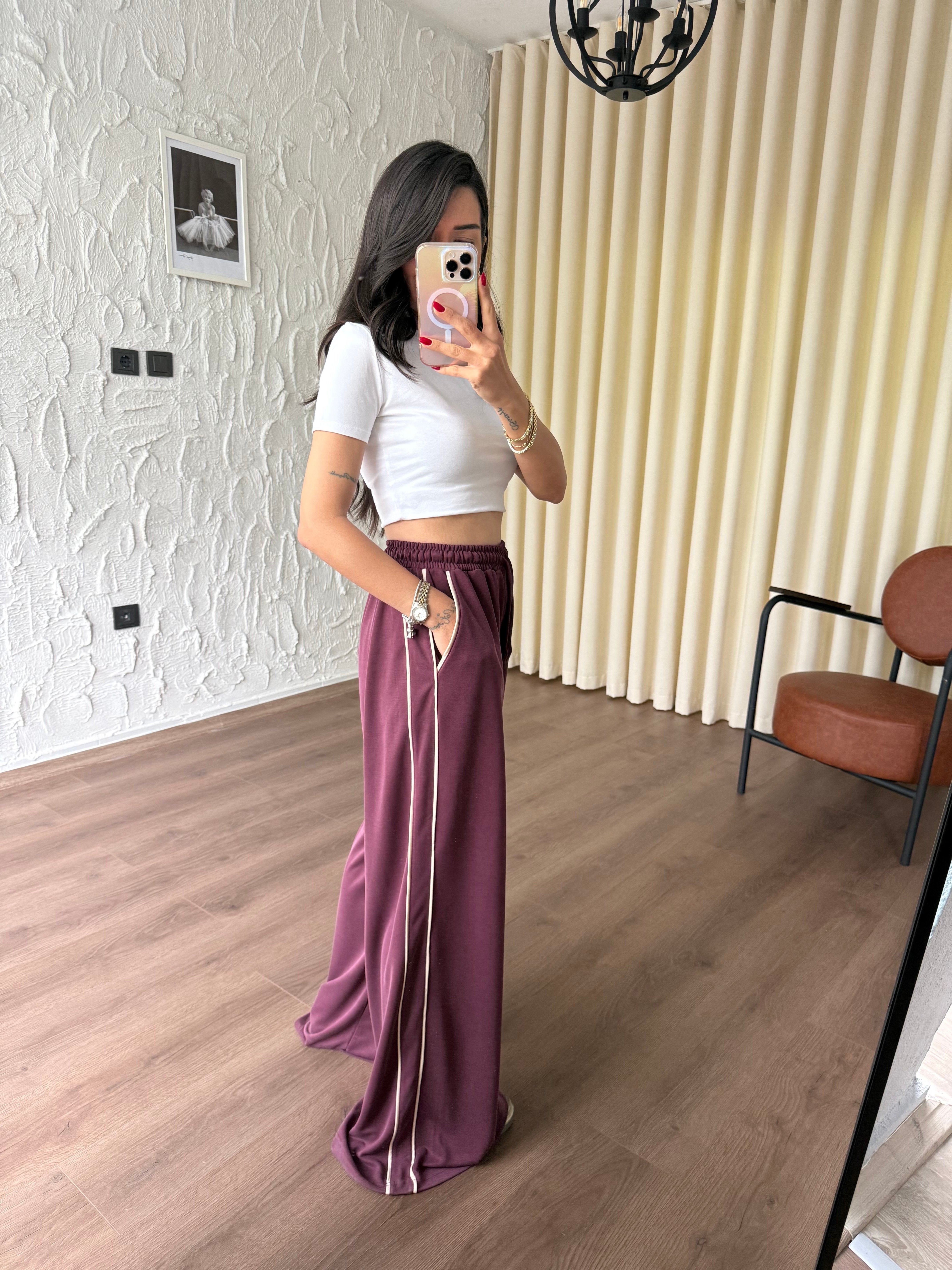 Beyaz Biyeli Bordo Eşofman Altı