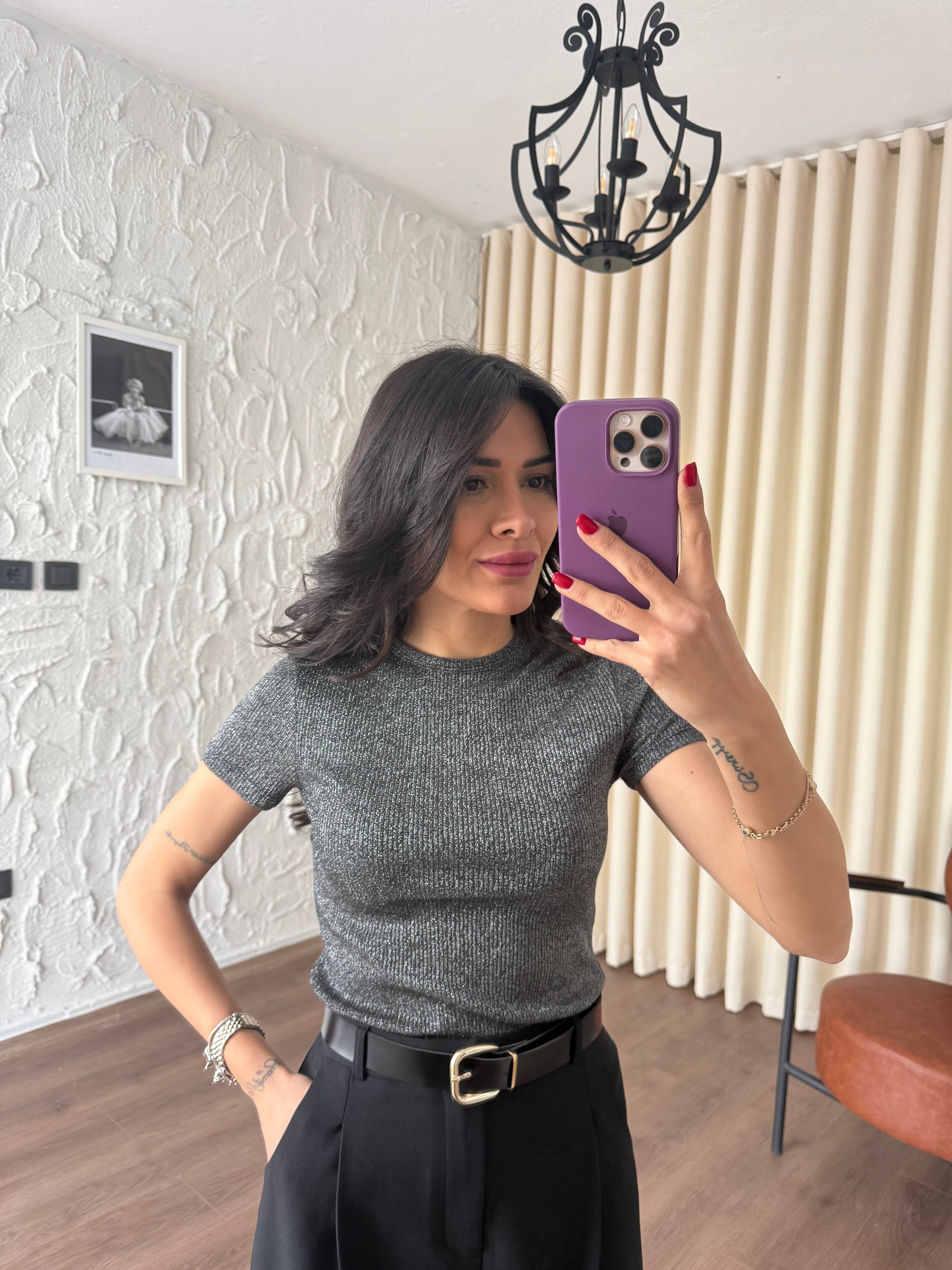 Bisiklet Yaka Simli Antrasit Tshirt