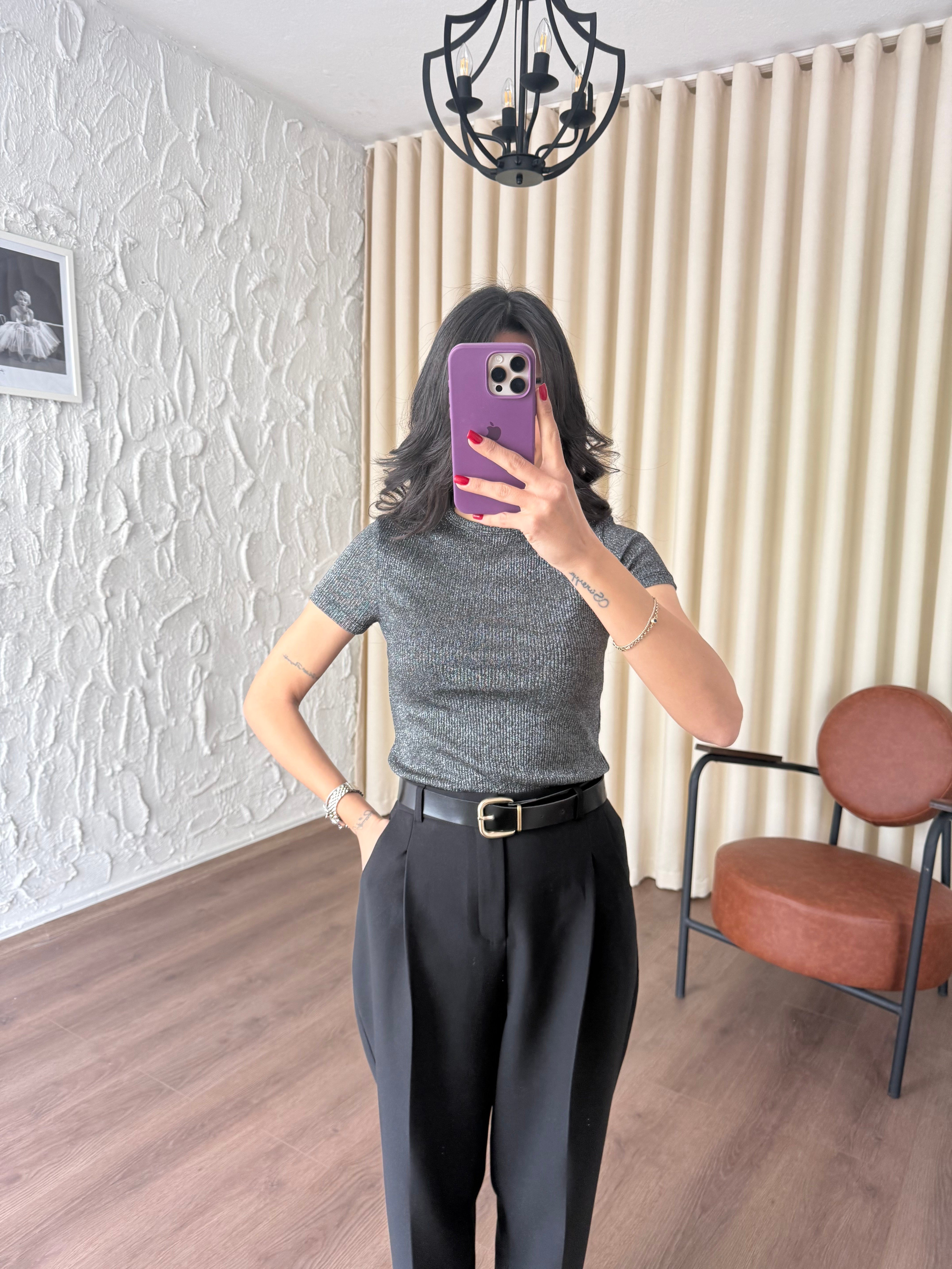 Bisiklet Yaka Simli Antrasit Tshirt