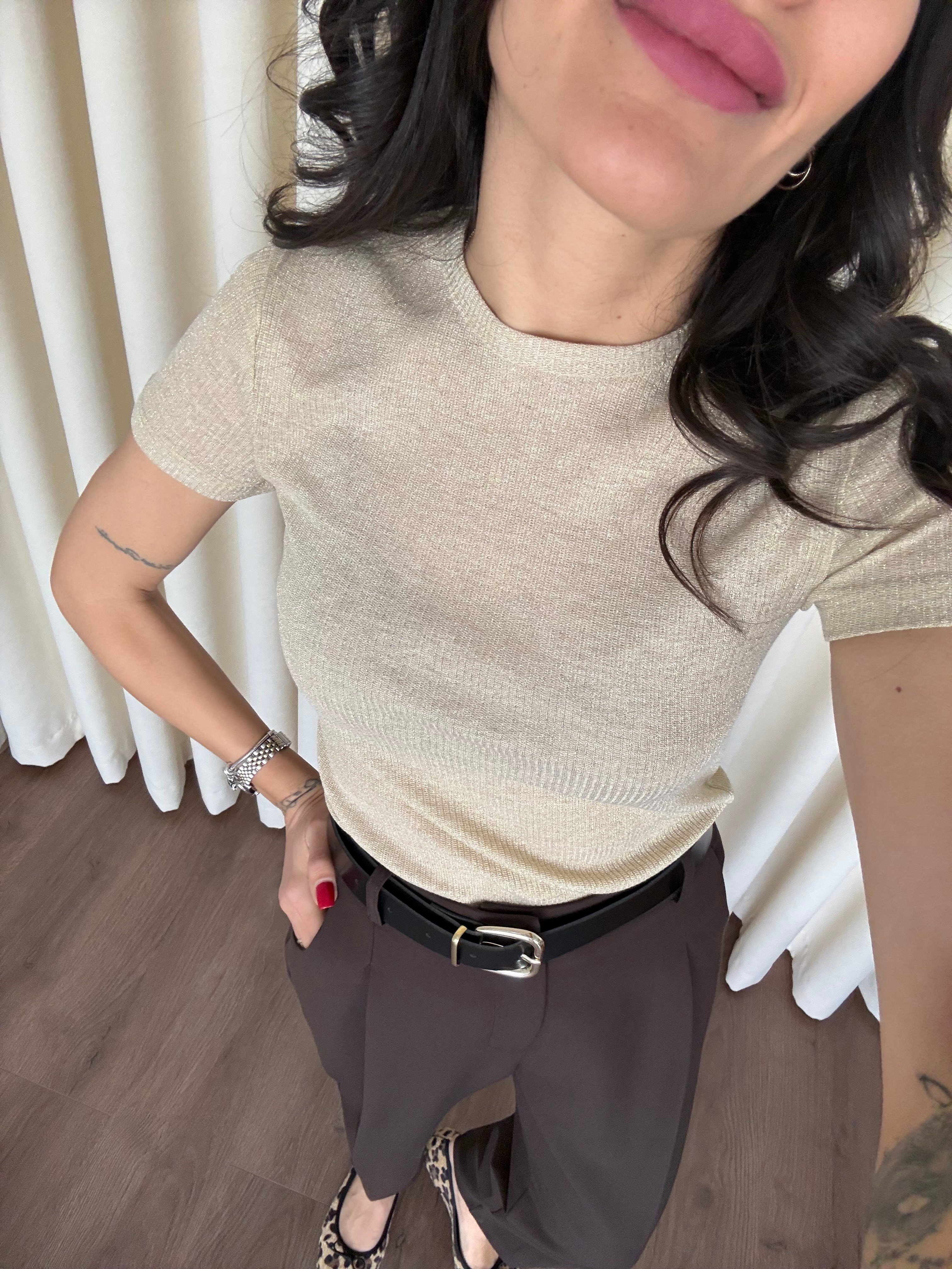 Bisiklet Yaka Simli Bej Tshirt